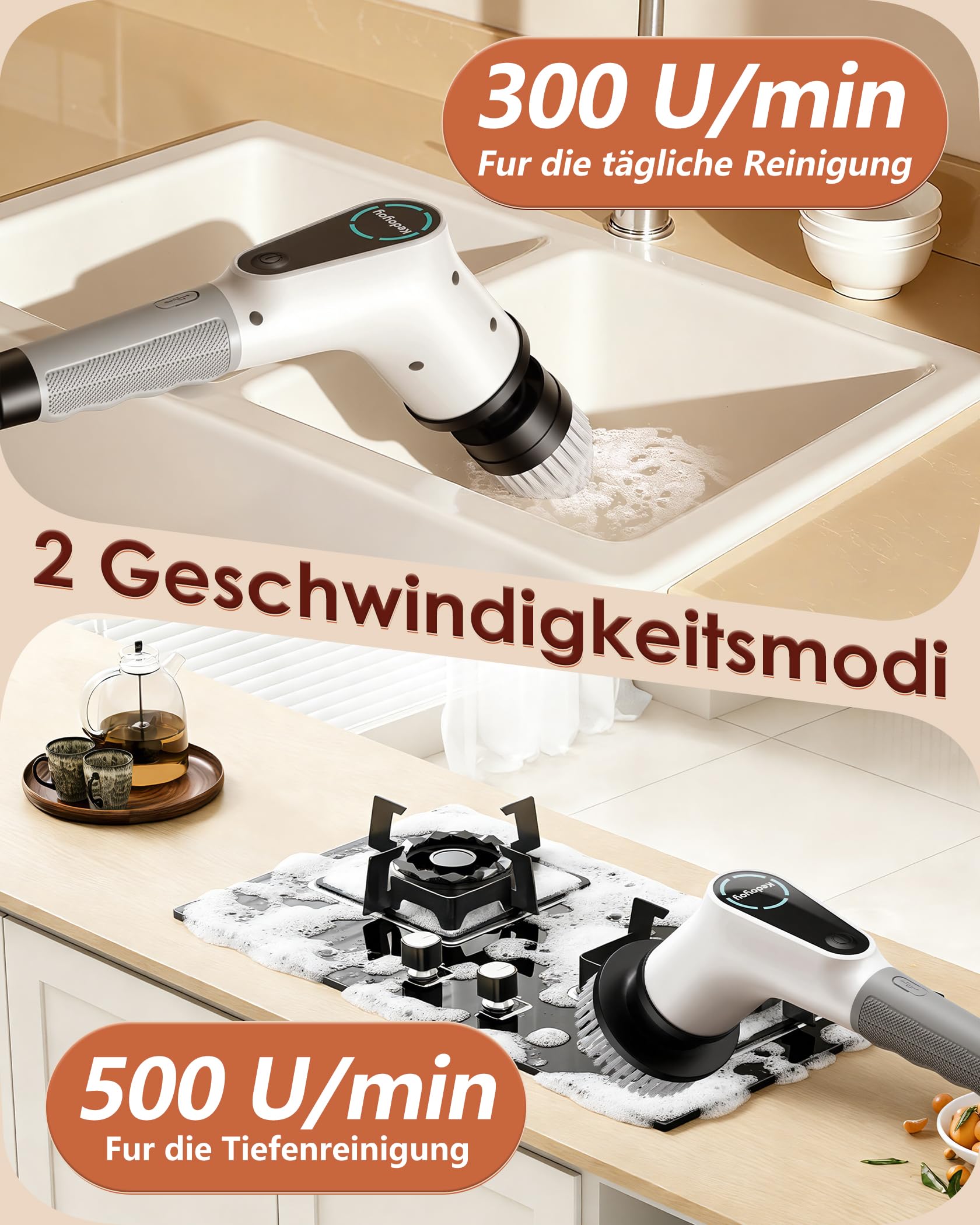 Elektrische Reinigungsbürste, 8 in 1 Electric Cleaning Brush mit austauschbaren Bohrbürstenköpfen, Wanne mopSet, Elektrische Putzbürste mit Verstellbarem Griff für Bad Küche Auto Fußboden