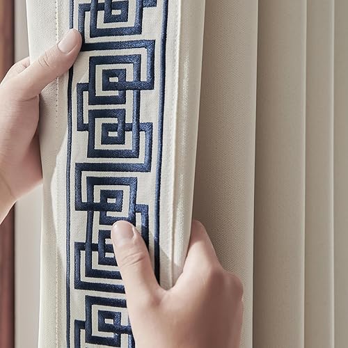 Cotton Blend Cream Curtain - Geometric Trim, Soft, Durable - Elevate Your Space with Retro Details(2 Panels) (50‘’W x 96‘’L)