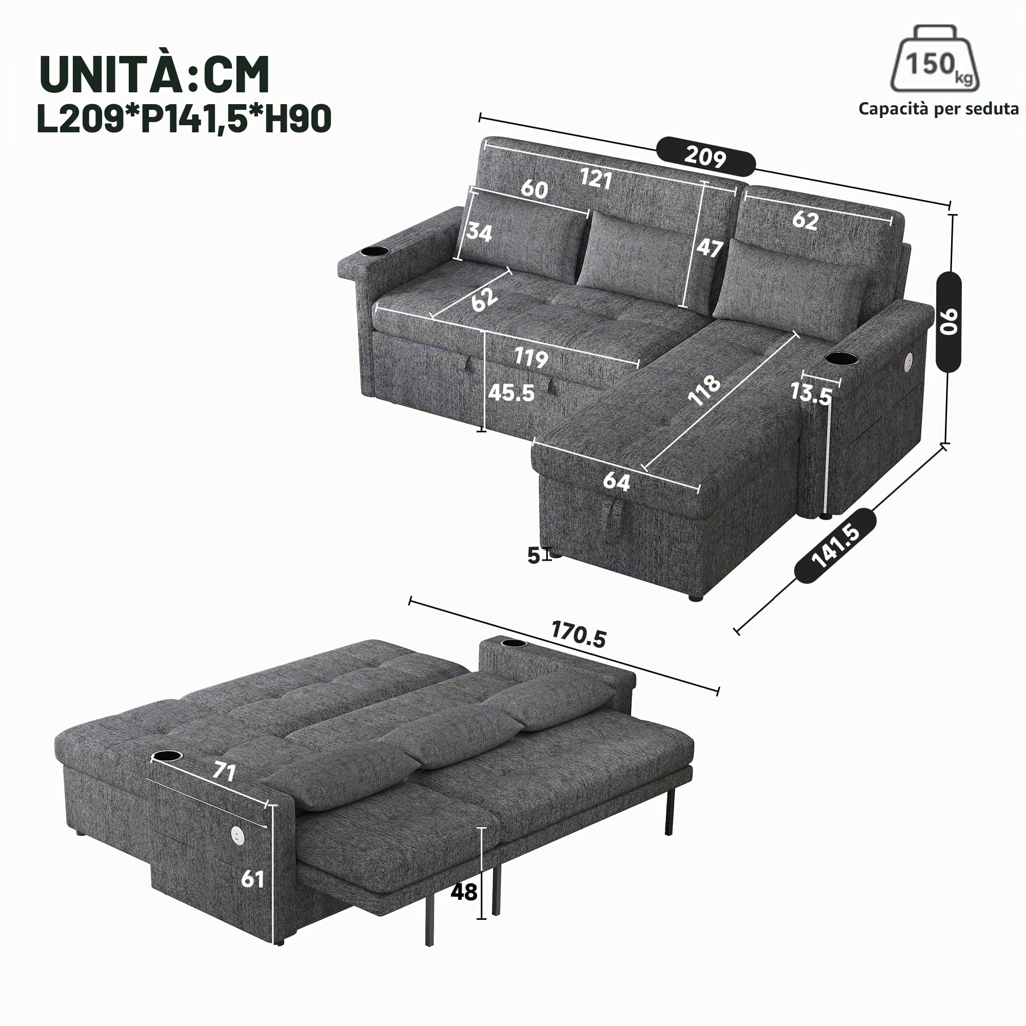 Divano ad angolo con funzione letto, 3 posti, divano L piccolo, divano ad angolo con illuminazione e prese USB, divano con spazio di archiviazione, schienale regolabile – soggiorno, grigio+