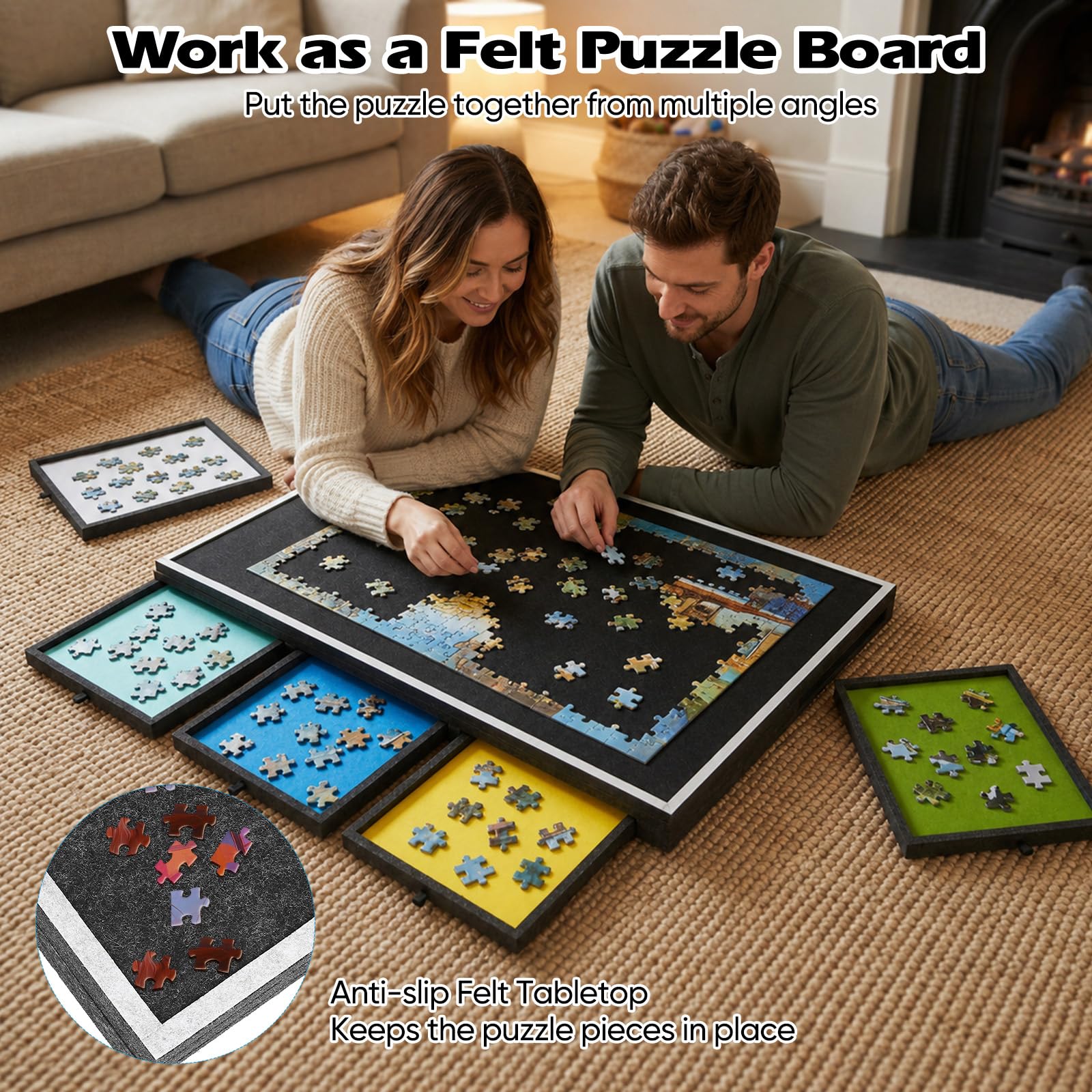 Plateau Puzzle 1000 pièces, Pliable, 5 tiroirs, 77x54 cm, Bords Hauts