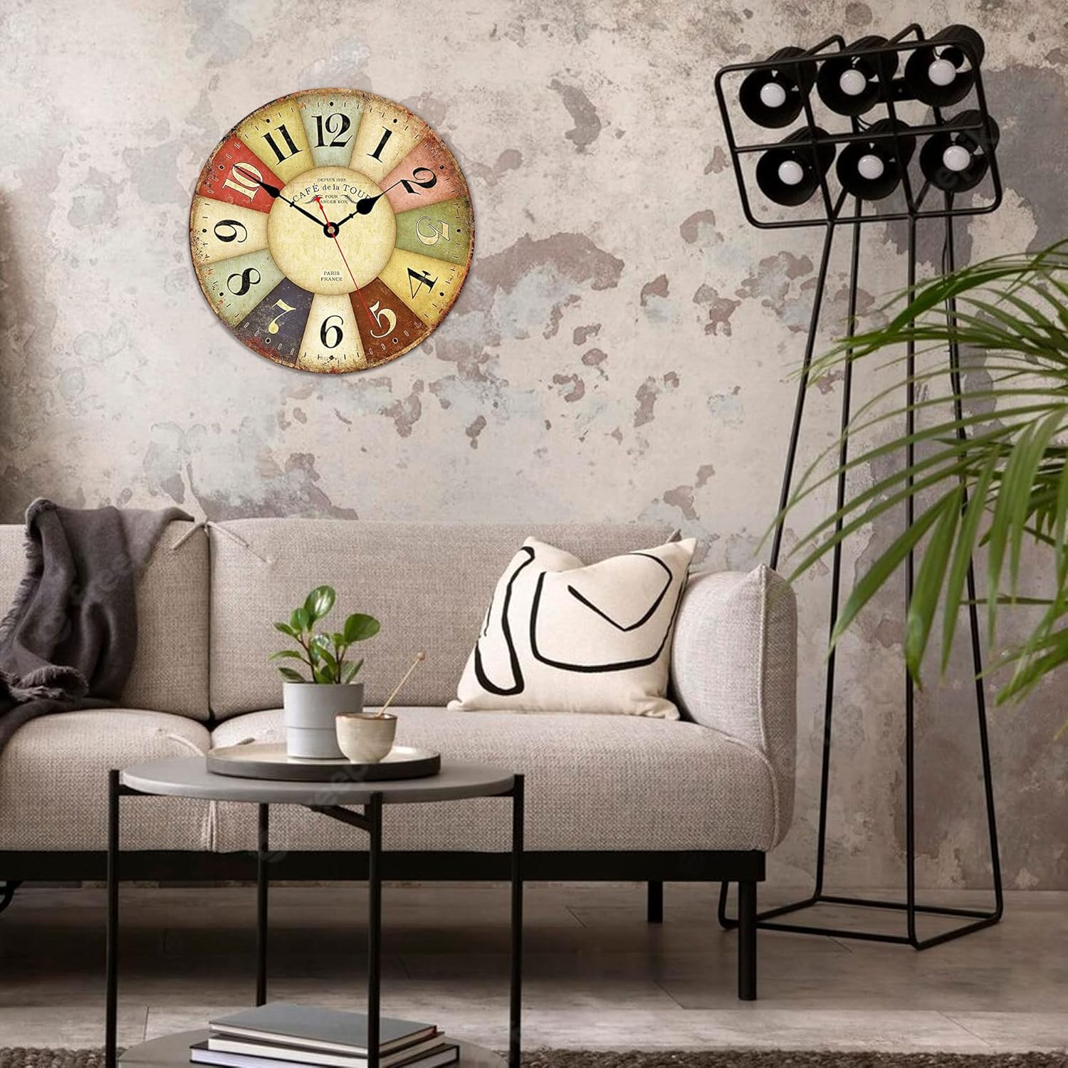 VIKMARI Clocks Battery Operated Wooden Wall Clock Retro Rustic Clock Decorative 14 Inch Arabic Numerals Colorful Silent Non Ticking Wall Clocks for Kitchen,Living Room,Bathroom,Bedroom Home Decor