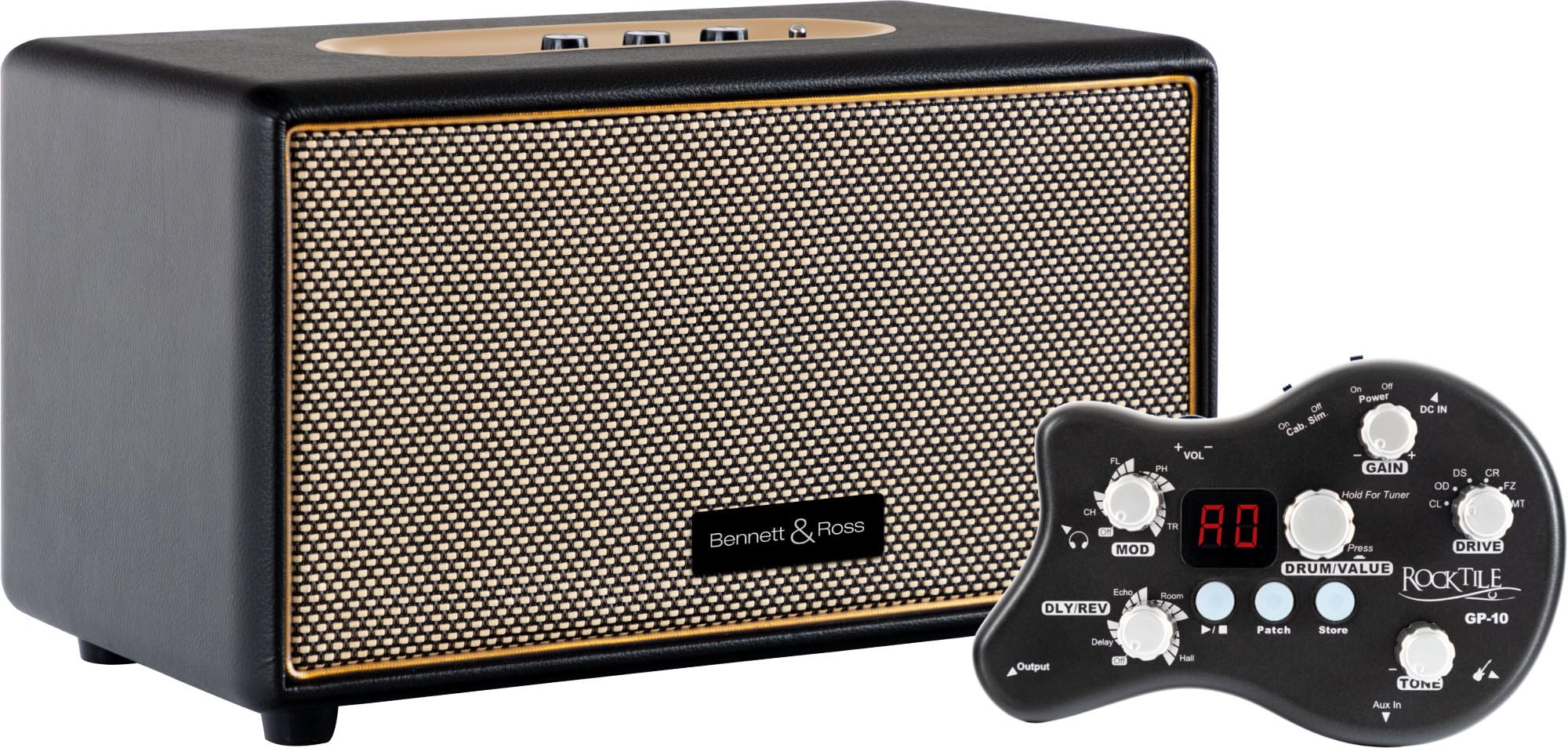 Rocktile GP-10 / BB-860BK Gitarren Amp Set - Kopfhörerverstärker mit 6 hochwertigen Amp-Models und weiteren Funktionen - Bluetooth® Lautsprecher in Lederoptik - 5" Fullrange Lautsprecher - Schwarz