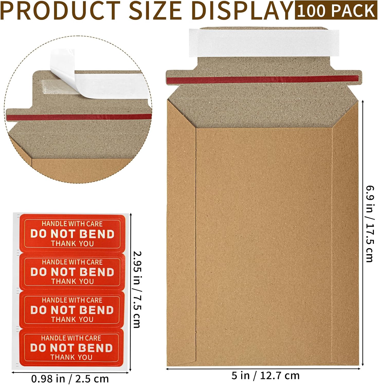 100 Pack 5" x 6.9" Rigid Mailers Shipping Envelopes, 400GSM Mailers Cardboard Envelope with "DO NOT BEND" Labels, Stay Flat Self Seal Document Envelope for Photos, Cards and Stamps, Brown