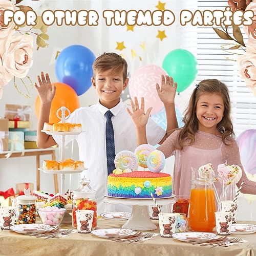 Miniatura 5 de Bokon 200 piezas de decoración de oso para baby shower para 25 invitados, platos de papel para baby shower, juegos de servilletas, suministros de