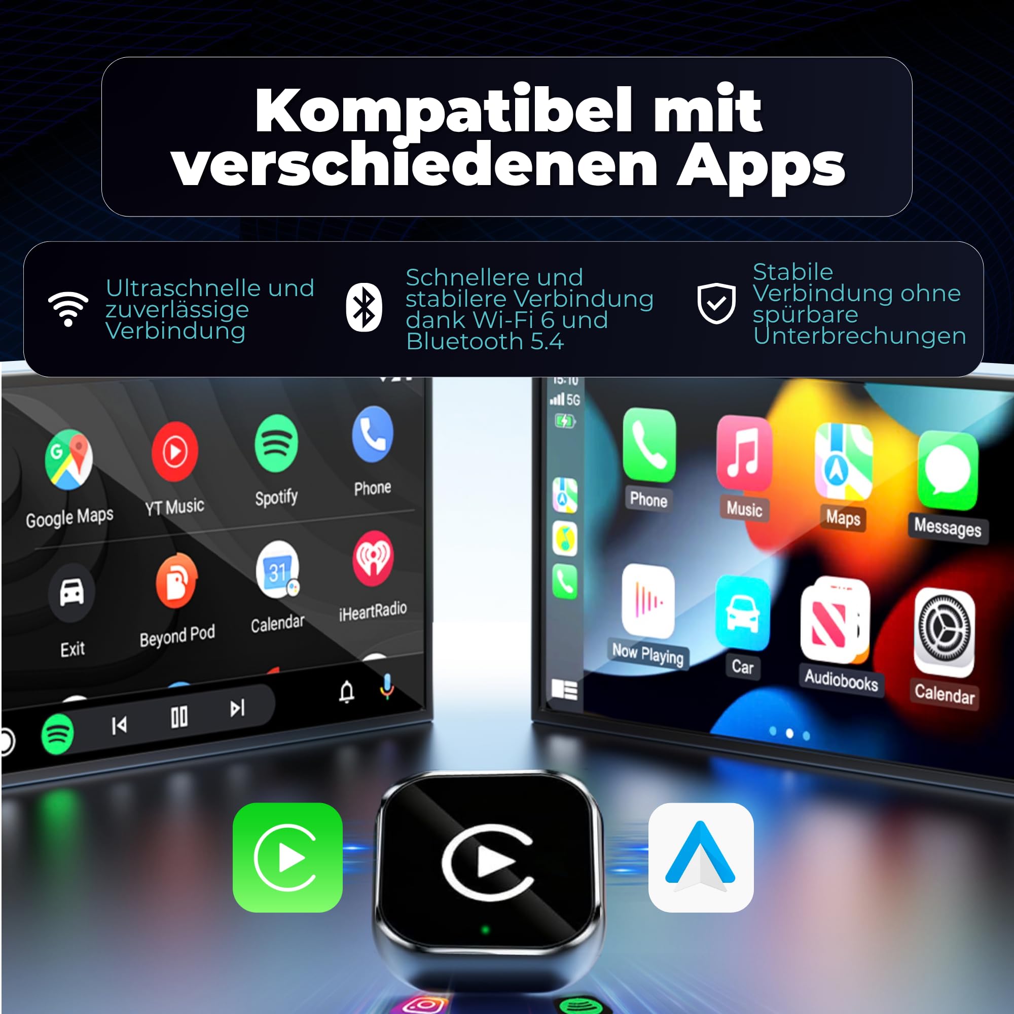 Carplay Wireless Adapter 2-in-1 Mini 2026, Android Auto Wireless Adapter, Plug & Play, schnelle Wiederverbindung ca. 3 s, USB-A/USB-C, 3 Zubehörteile für schwer erreichbare Anschlüsse