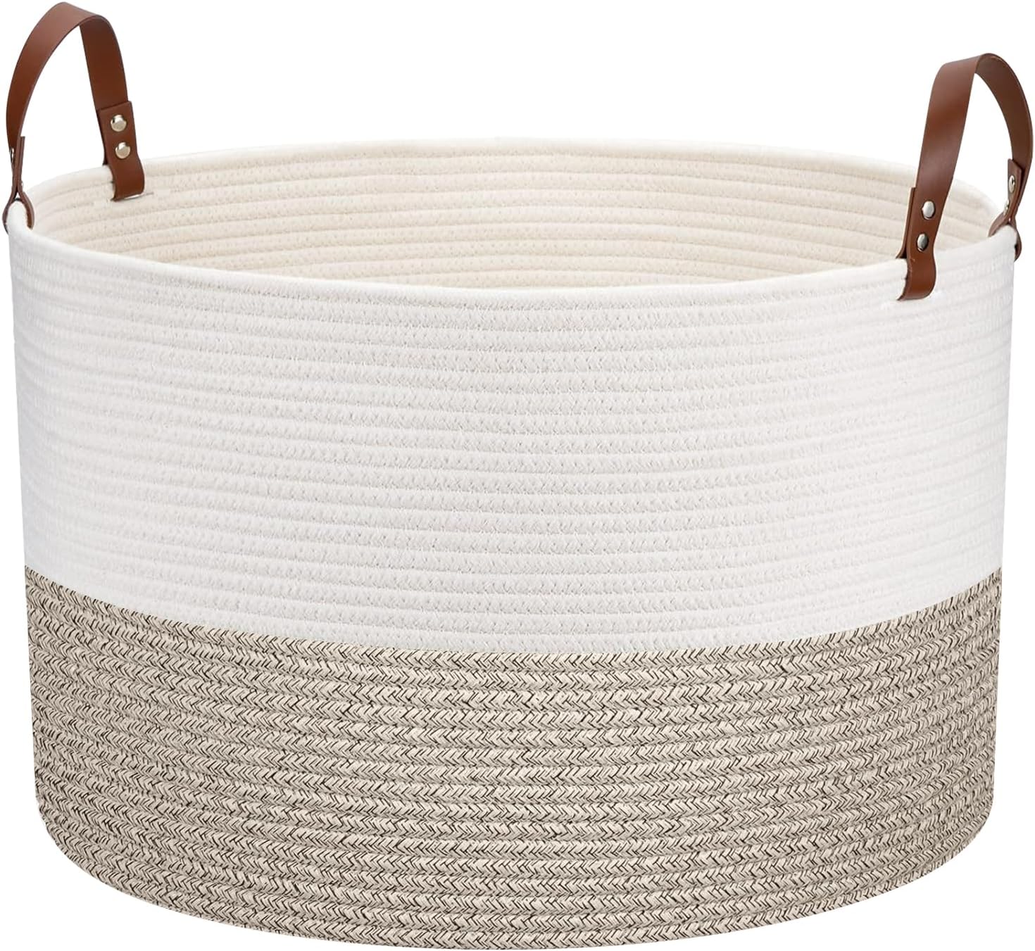 Extra Large Laundry Basket 20"x 20" x 13" Living Room Woven Storage Kids, Cotton Rope Basket with Leather Handle for Blanket Toys Pillow Organization, Kids Nursery Gift, White & Brown