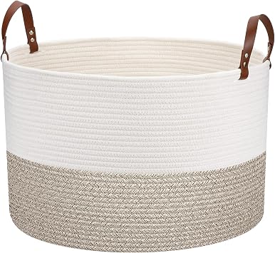 Extra Large Laundry Basket 20"x 20" x 13" Living Room Woven Storage Kids, Cotton Rope Basket with Leather Handle for Blanket Toys Pillow Organization, Kids Nursery Gift, White & Brown