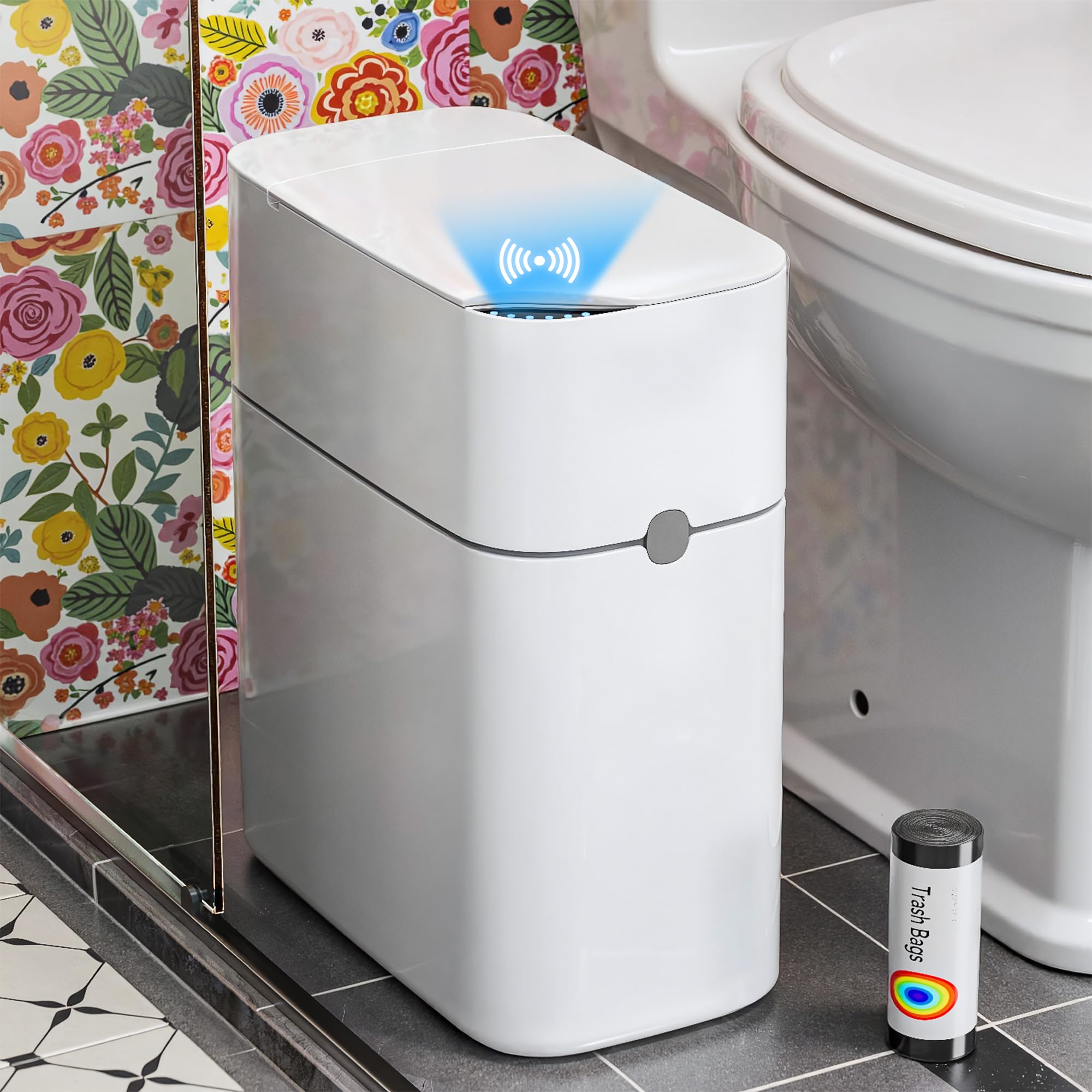 CTIME Automatic Trash Can Bathroom Motion Sensor Garbage Can with Soft-Close Lid,3 Gallon Automatic Bag Expanding Trash Bins,White Slim Small Garbage Cans for Narrow Place,Toilet,Bedroom,RV