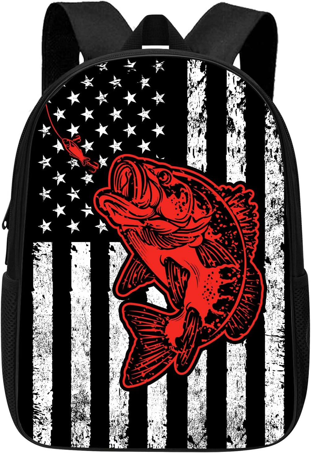 Vintage American Flag Bass Backpack Funny Red Fish Bass Fishing Lure on USA Flag School Bookbag, Black and White Elementary Middle High College School Bag Travel Laptop Daypack Rucksack, 17 Inch