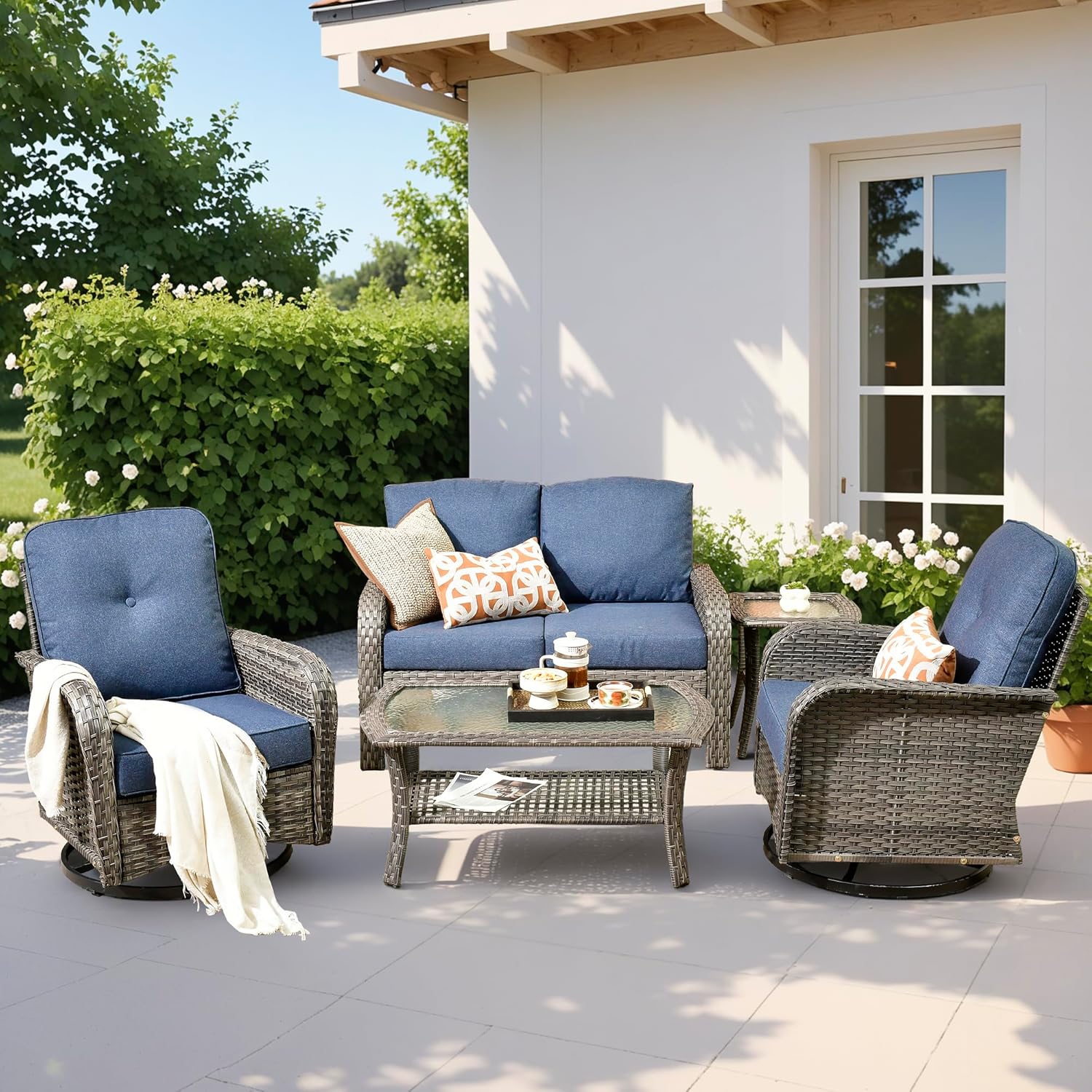 4 Pieces Wicker Patio Furniture - All-Weather PE Wicker Outdoor Conversation Bistro Set Loveseat Chairs with Table,Outdoor Rattan Sofa Chair High Back Deep Seating,Beige