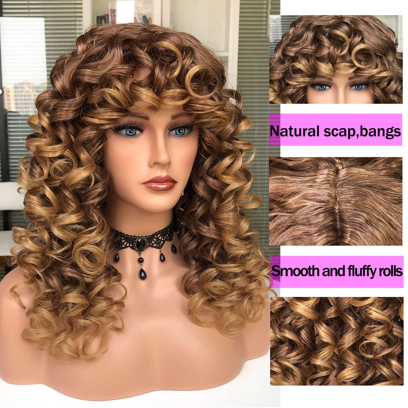 CoCrowns Curly Wig with Bangs for Black Women Long curly Shag Synthetic Hair Wigs Daily Use Cosplay 17 Inch (Ombre Blonde) - Image 3