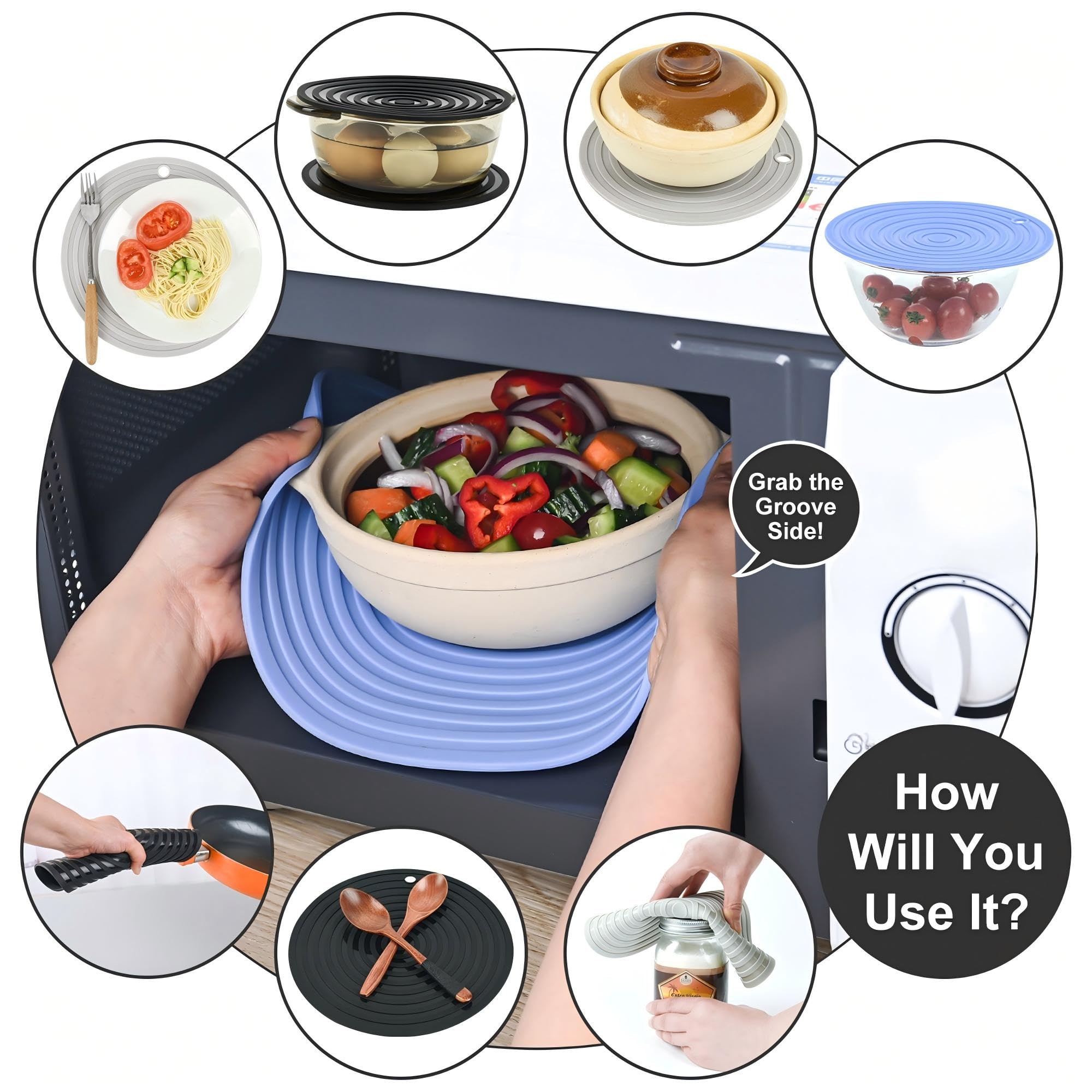 Lot de 4 dessous de plat pour plats chauds, casseroles et poêles, diamètre de 24 cm, tapis chauds en silicone pour cuisine, tapis résistants à la chaleur pour comptoir, micro-ondes, dessous