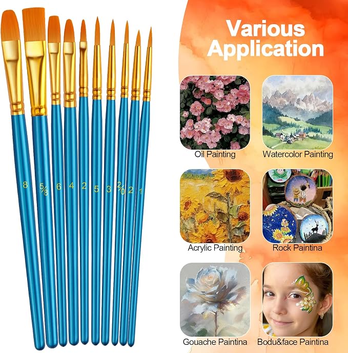 Set de Pinceles para Pintura, Paquete de 5 con 50 Pinceles de Punta Redonda de Nylon Azul para Acrílico, Óleo y Acuarela miniatura 3