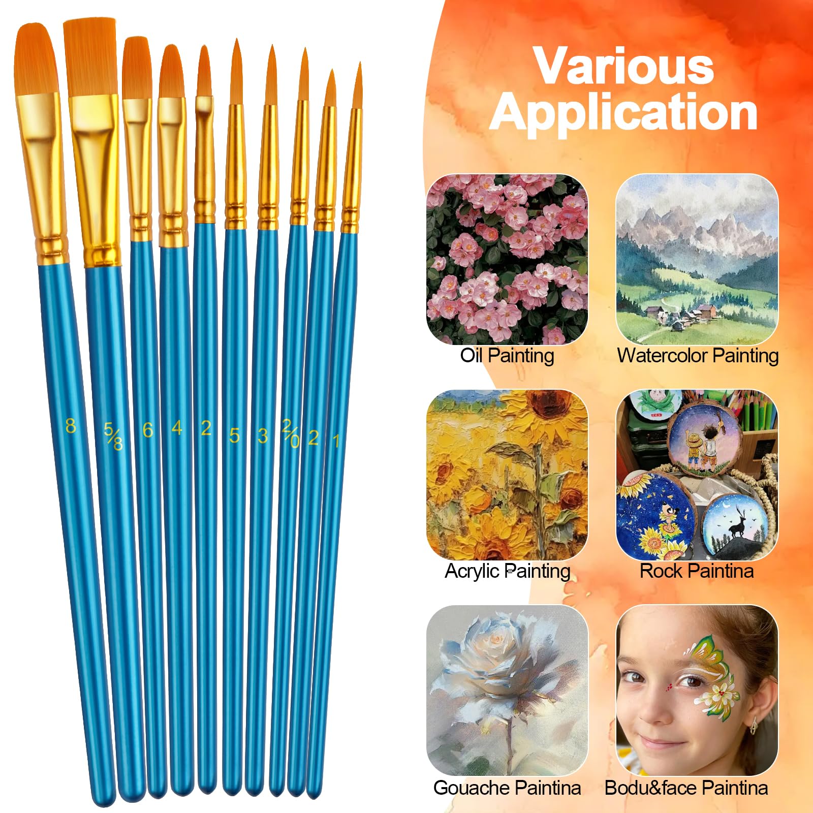 Paint Brushes Set, 5 Pack 50 Pcs Round-Pointed Tip Paintbrushes Nylon Hair Artist Acrylic Paint Brushes for Acrylic Oil Watercolor, Face Nail Art, Miniature Detailing & Rock Painting, Blue