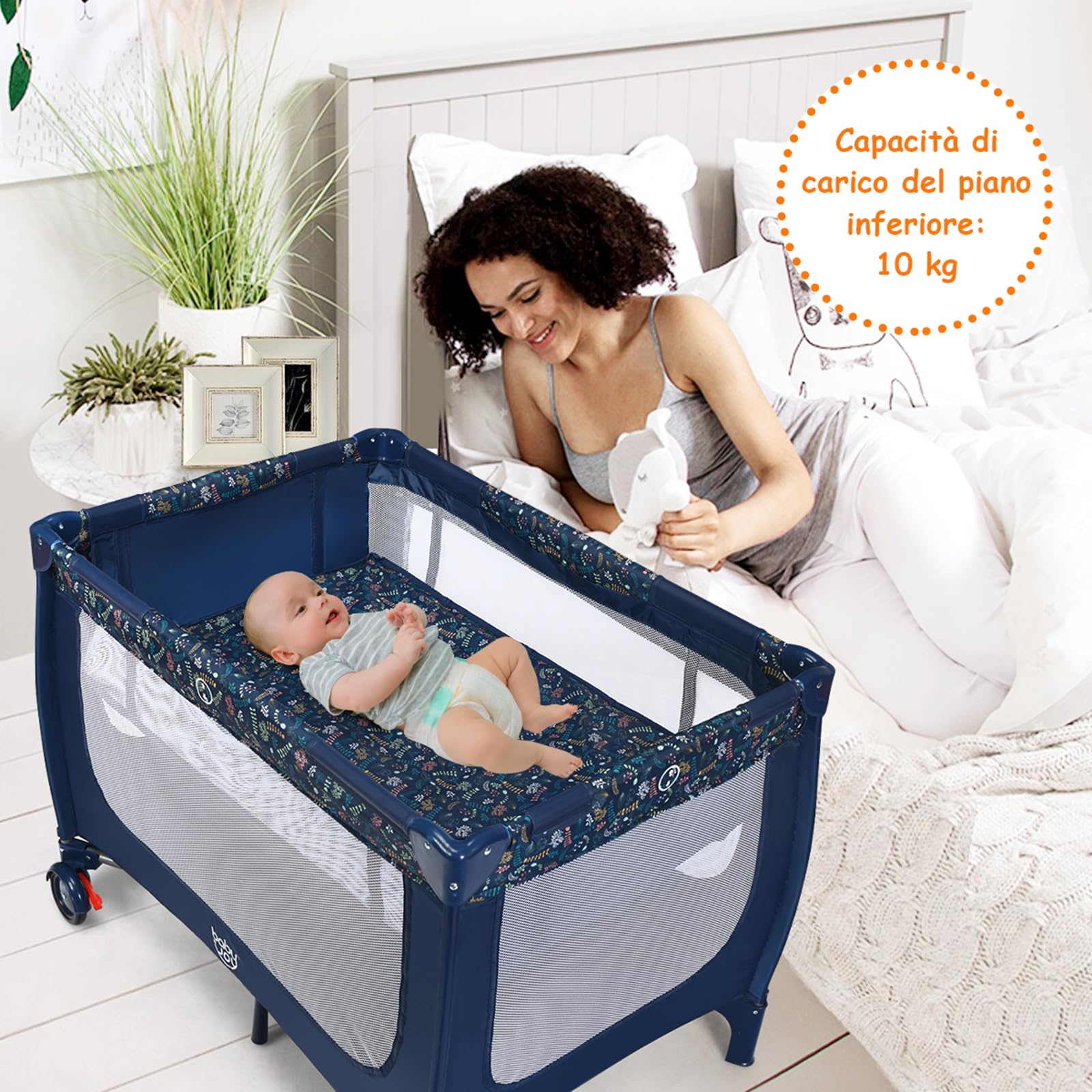 COSTWAY Lettino da Campeggio con Materasso, Lettino per Bambini Pieghevole, Culla da Viaggio Portatile con 2 Ruote, Per Bambini 0-36 Mesi, 125 x 65 x 76 cm (Blu)
