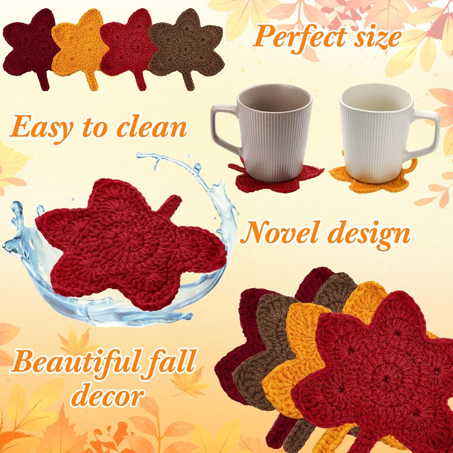 Breling 4 Pcs Maple Leaf Fall Coasters Handmade Crochet Coasters
