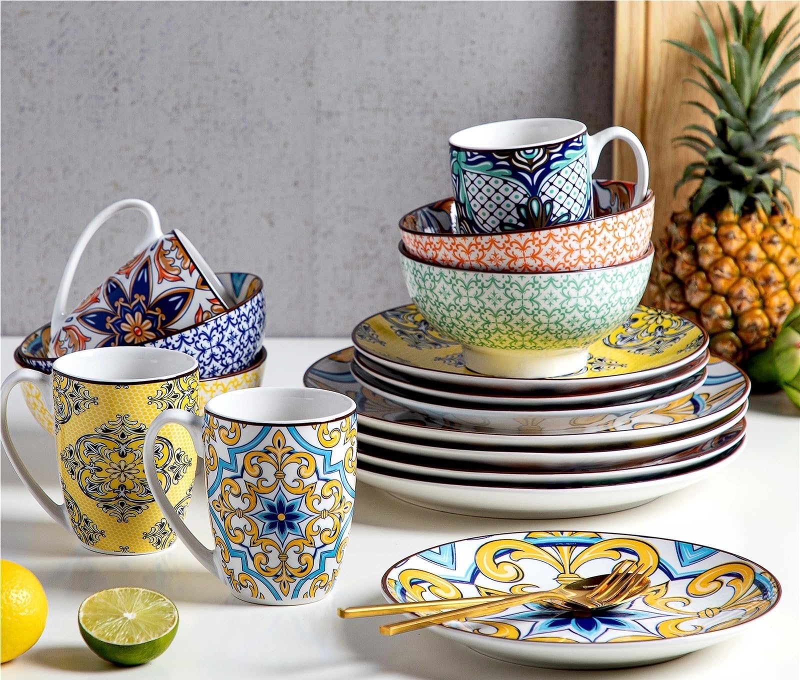 vajilla completa Juego de vajilla porcelana con diseño jazmín | Juego de vajilla de 16/32 piezas con plato llano, plato de postre, cuenco y taza(32-Piece)