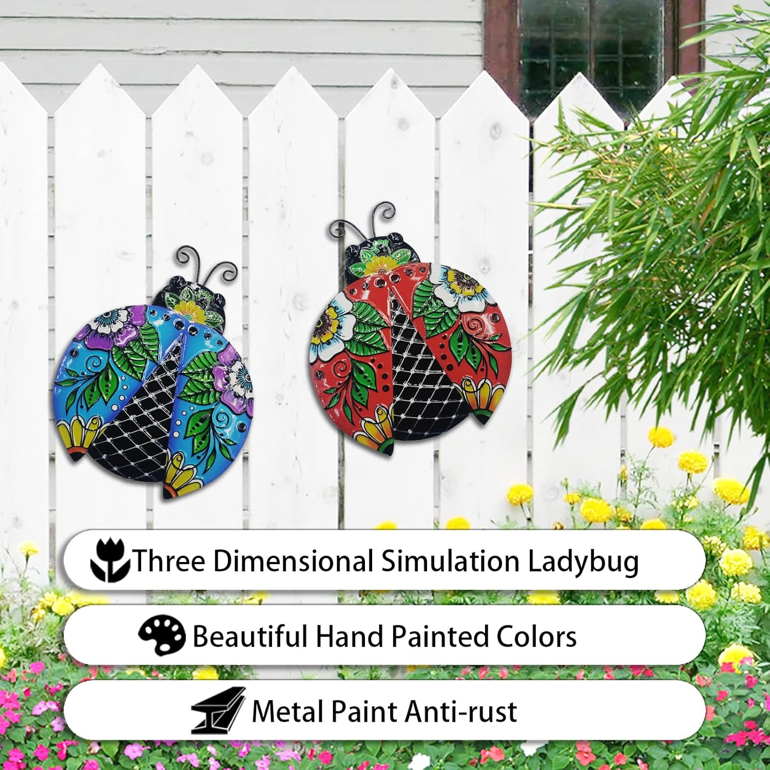 John's Studio 2Pcs Metal Ladybug Wall Decor Outdoor Garden Hanging Art Sculptures Home Ocean Theme Decorations for Kitchen Bathroom and Pool