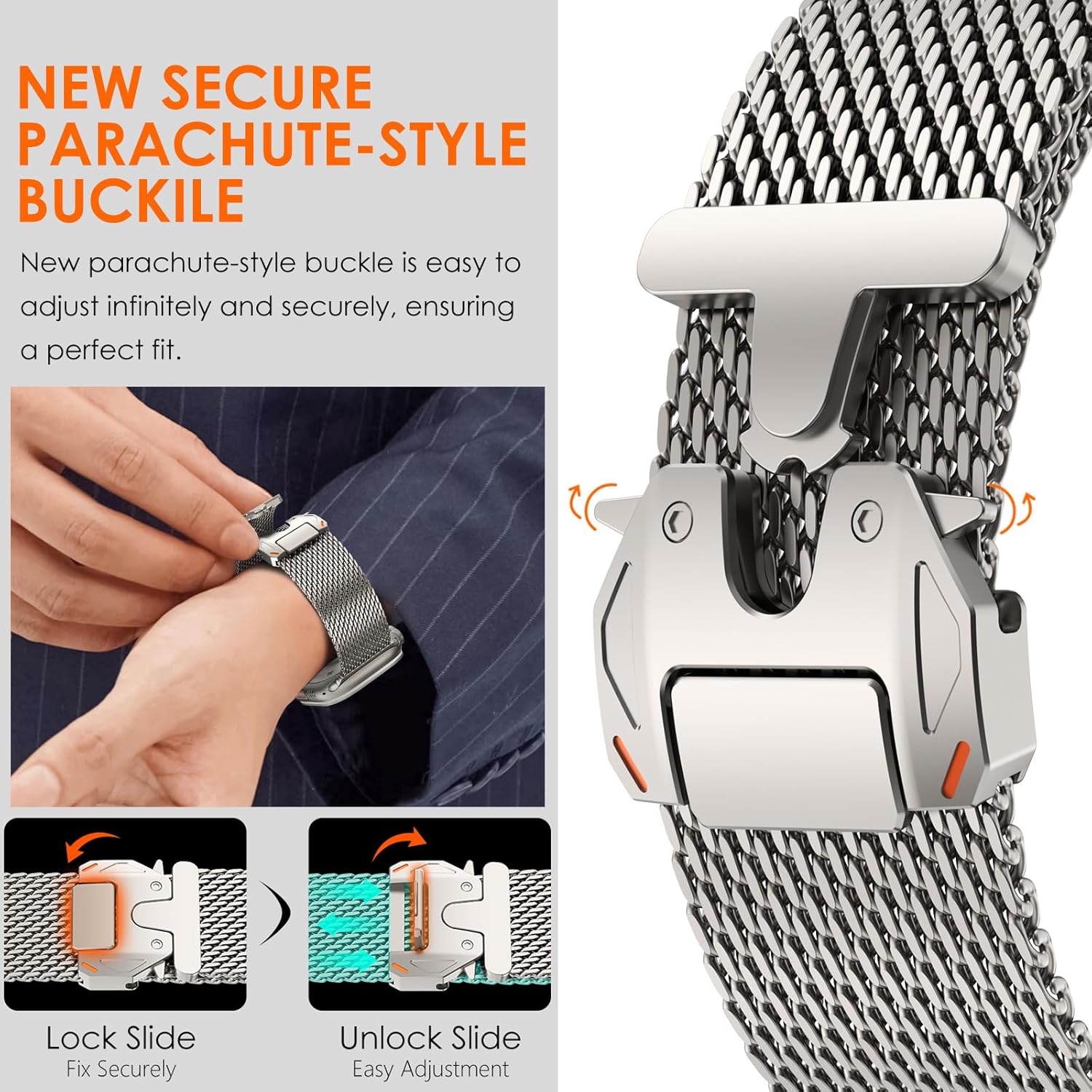 WINGLE Milanese Loop for Apple Watch Band Ultra 3/2/1 Band Ultra 49mm Series 11 10 46mm 45mm 44mm SE 3/2/1 Series 9 8 7 6 5 4 3 Men Women,Parachute-Style Buckle Stainless Steel Mesh Metal iWatch Bands