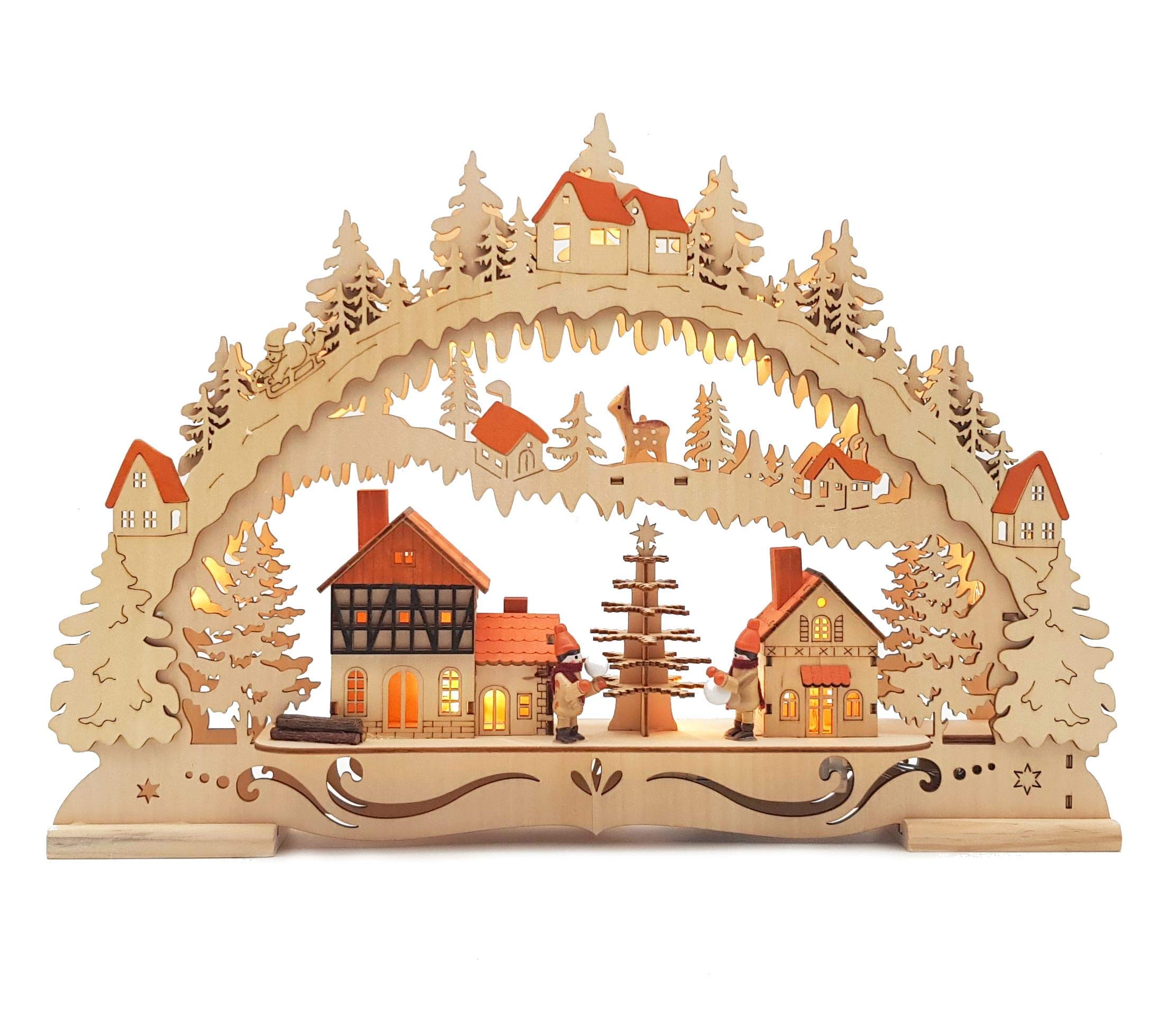 Wichtelstube-Kollektion Holzkunst LED Schwibbogen Weihnachtsstadt Schwippbogen Lichterbogen, Weihnachtsdeko Fensterbank Echtholz, Batteriebetrieben mit Timer, 44cm Breite