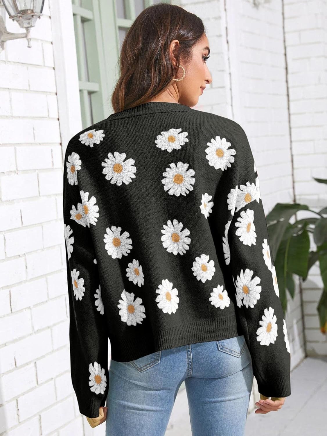 Women's Floral Print Cardigan Long Sleeve Open Front Button Down V Neck Knitted Sweaters - Image 4