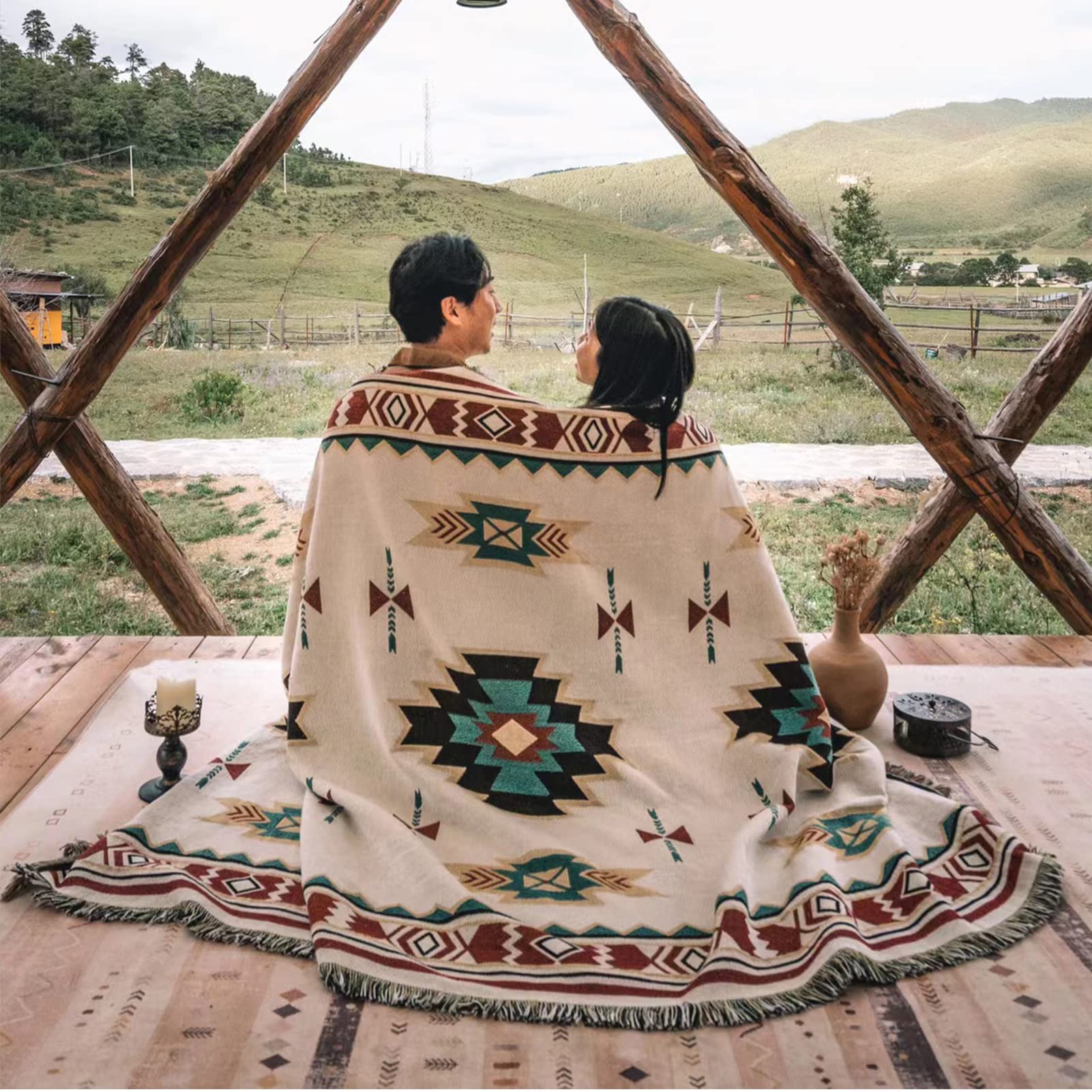 Elegancki pled, Navajo Aztecki etniczny narzuta na sofę, dzianinowy koc z frędzlami, dwustronna patchwork, do użytku wewnątrz i na zewnątrz, na kemping (wiele rozmiarów)