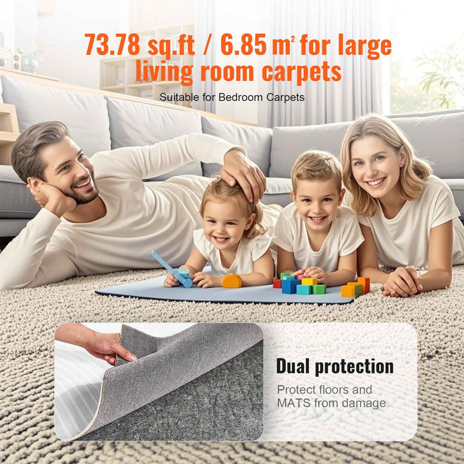 VEVOR Cojín para Alfombra Cojín Protector de Suelo, 224 x 306 cm Espesor de 6 mm, Fieltro de Poliéster, Gris, Área de Cobertura de 7-8 ㎡ Protección del Suelo Cómodo para Dormitorio, Sala de Estar