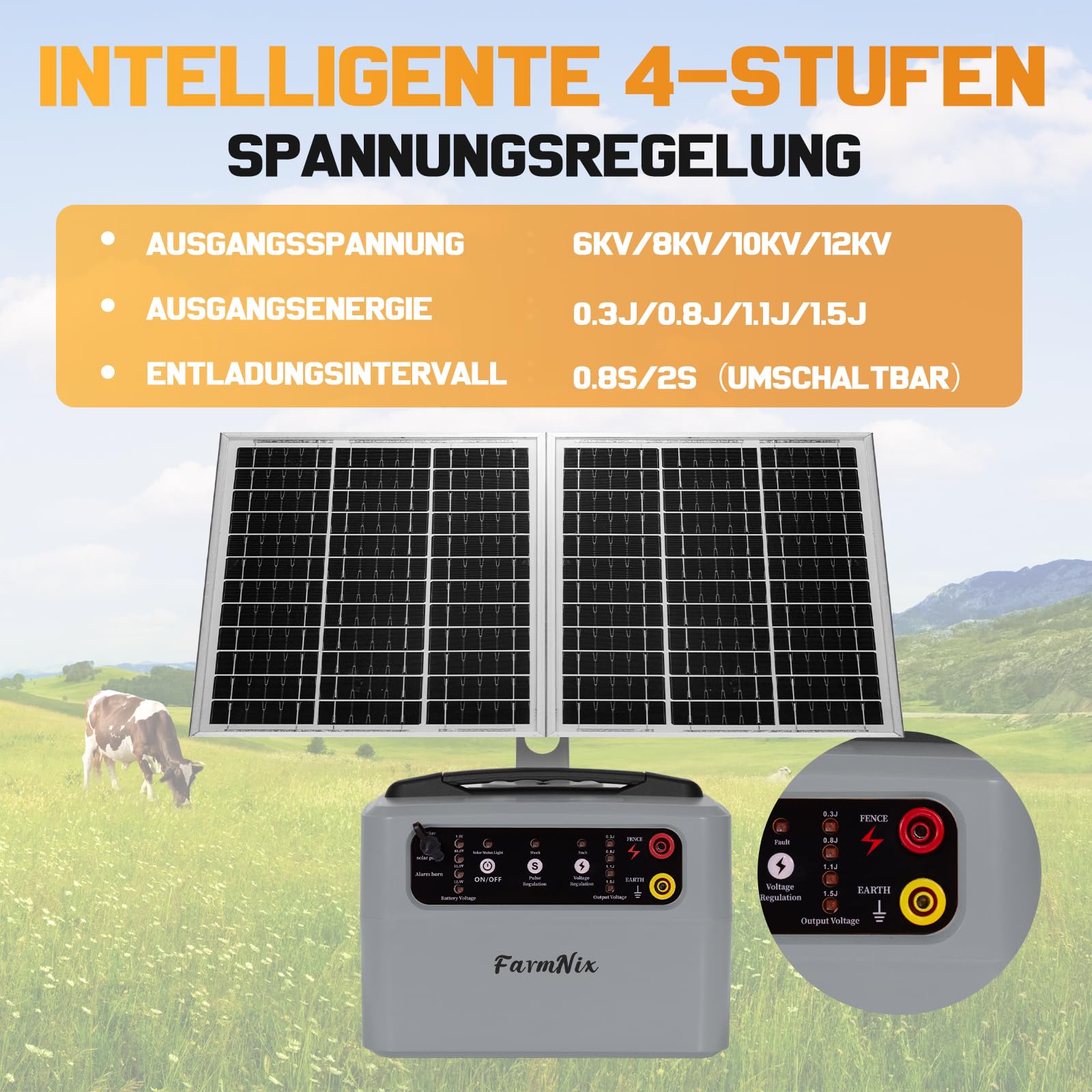 Valla eléctrica solar con batería, 48 kv-12 kv, con controlador de pastor alemán de 0,3 a 1,5 J. Valla eléctrica para ganado, granjas, pastos y jardines