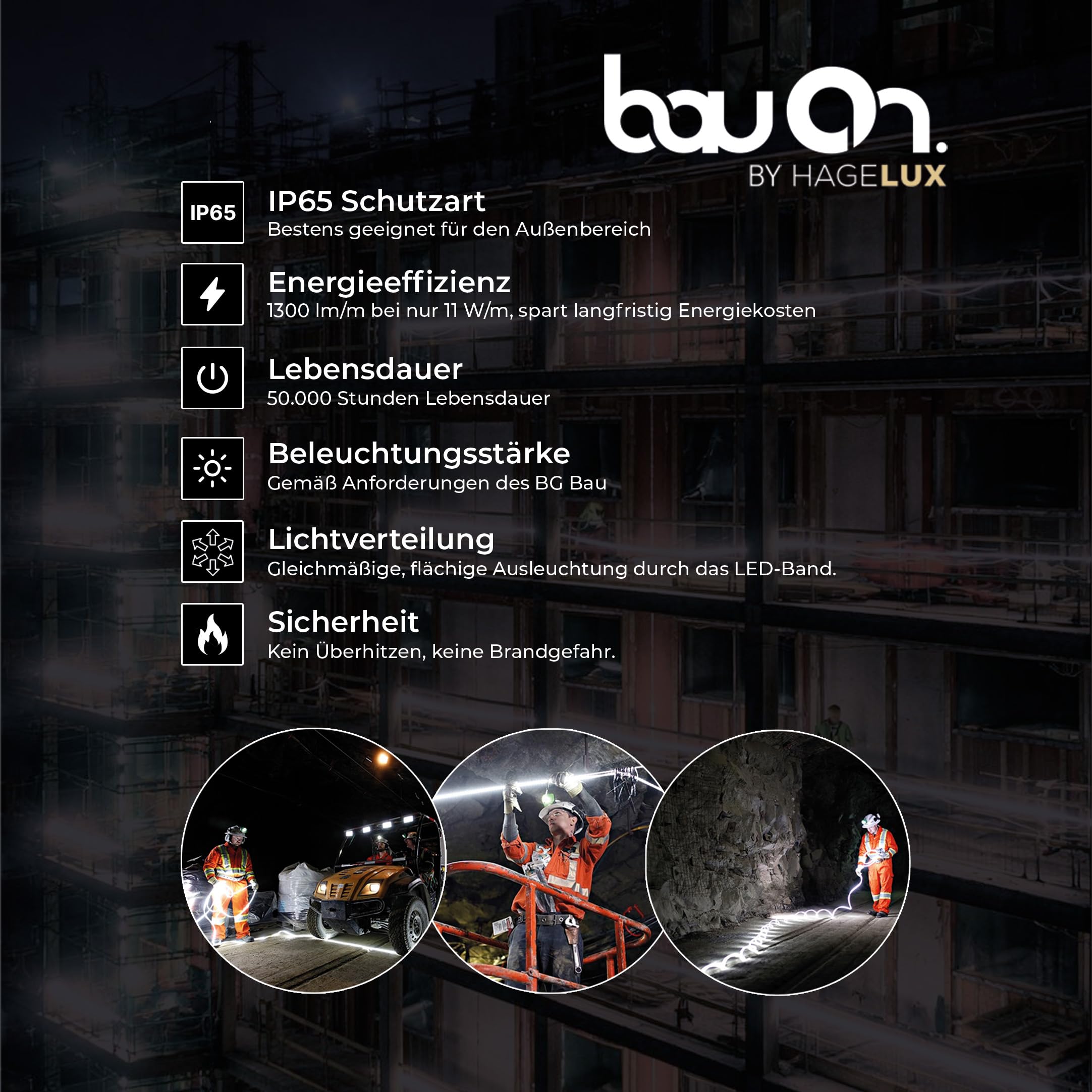 BauOn 15Meter LED Baustellenbeleuchtung LED Trommel, 6000k, 19500lm, IP65, 230V, Innen- & Außenbereich, Lichtschlauch auf Trommel, robuste Arbeitsleuchte für Baustelle & Werkstatt