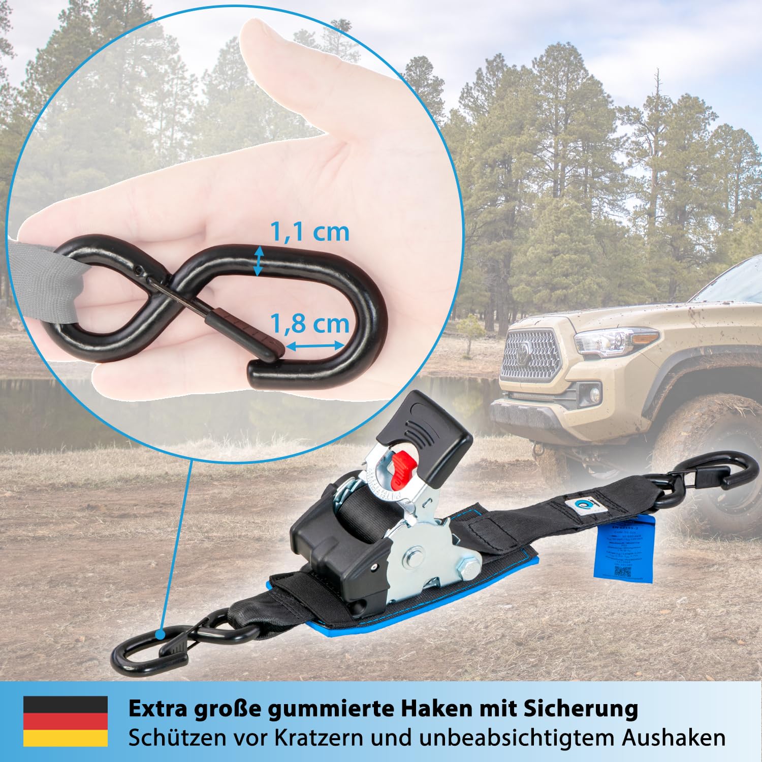 valonic Tanuki - 2X 3m XXL Automatik Spanngurt mit Haken, gepolstert, Blaue Fahne, 50mm, 650/1300Kg, EN-12195-2, mit Ratsche - Spanngurte Automatik, Zurrgurte für Motorrad, SUP, Auto schwarz