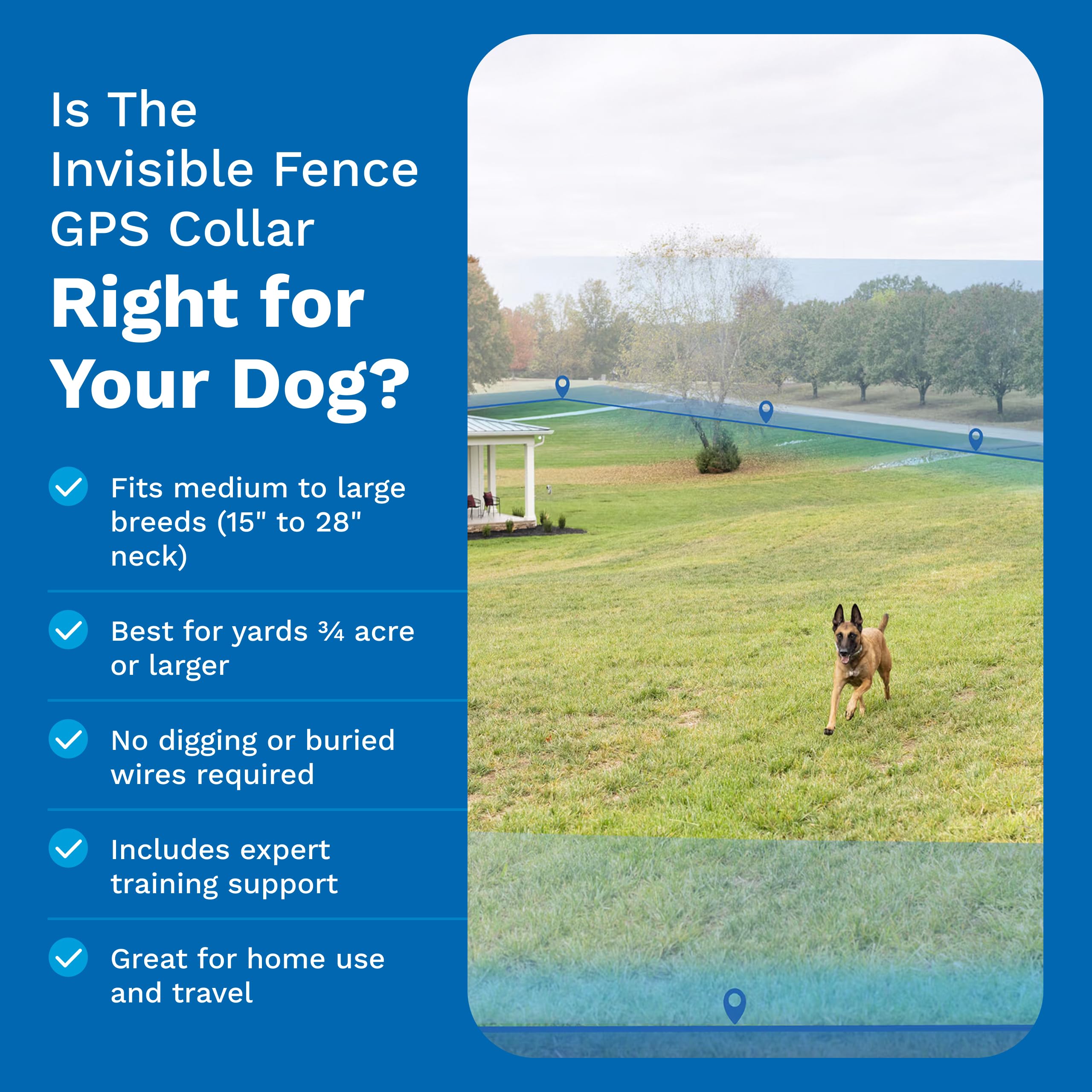 Invisible Fence Cerca y collar de seguimiento GPS para perros, inalámbrico, collar inteligente para perro con seguimiento controlado por aplicación, se adapta a perros medianos y grandes, cuello de 15