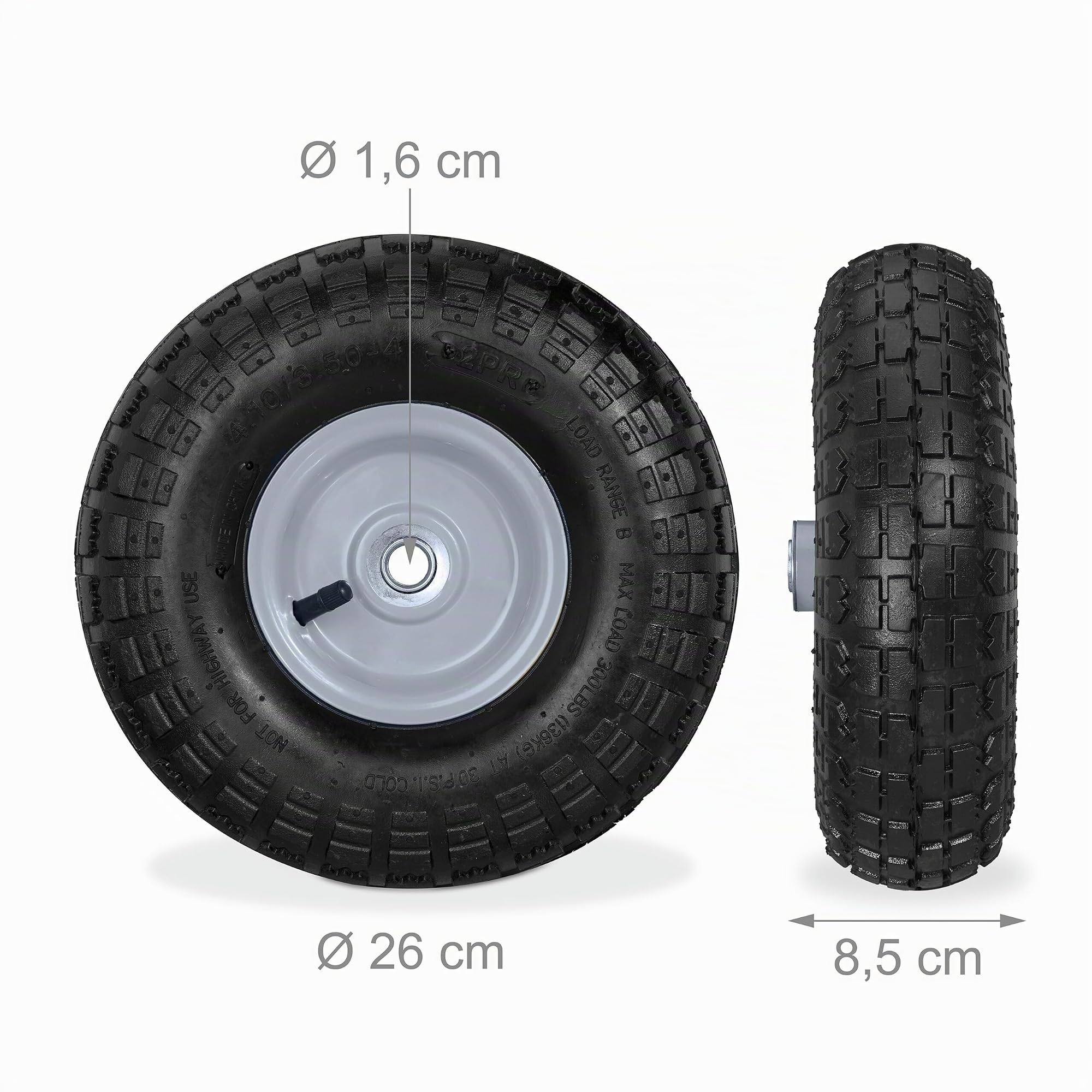 Relaxdays 2X Ruote per Carrello 4.1/3.5-4, Gomme di Scorta Carriola, ASSE 16 mm, Fino 136 kg, 260 x 85 mm, Nero-Grigio