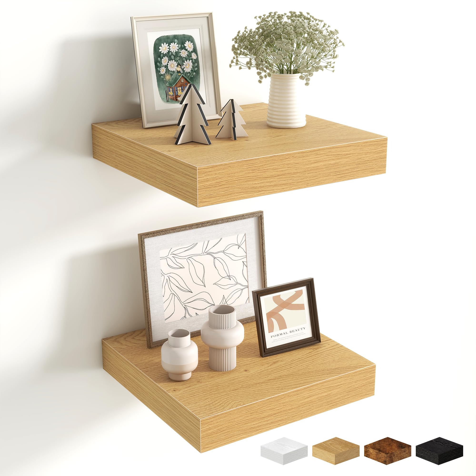 Fun Memories Floating Shelves Wall-Mounted, Deep Wall Shelves, Floating Shelf, Deep Storage Shelf for Living Room Bathroom Bedroom, 25cm, Set of 2, Oak โ image 1