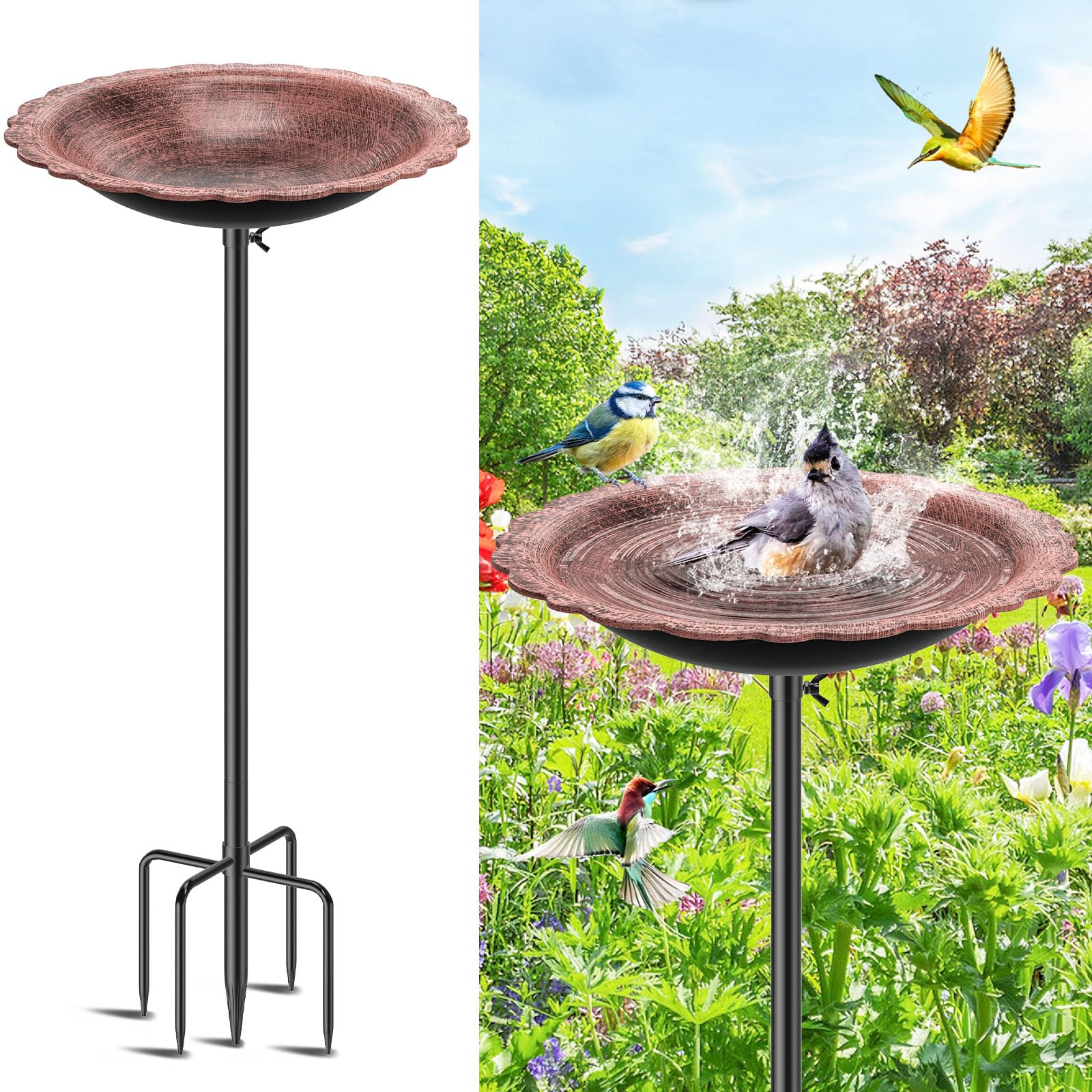 Bain d'oiseaux en métal cuivre vintage avec support à 5 griffes pour extérieur
