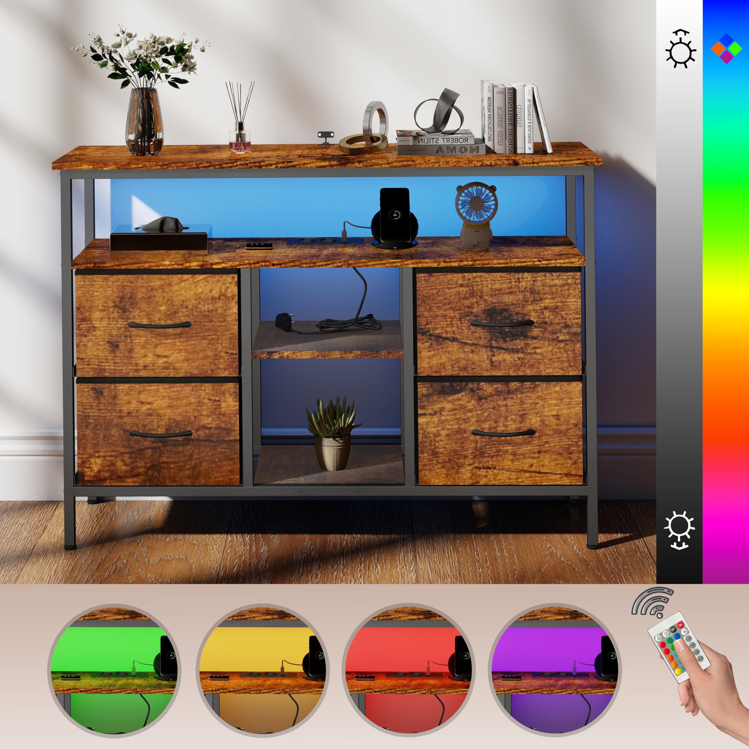 Hitsuki Meuble TV LED Meuble Télé Industriel Noir et Bois 110×30×78cm | PRISES ET RANGEMENT Deux prises et deux ports USB avec câble d’alimentation plus 4 tiroirs en tissu pour un usage quotidien