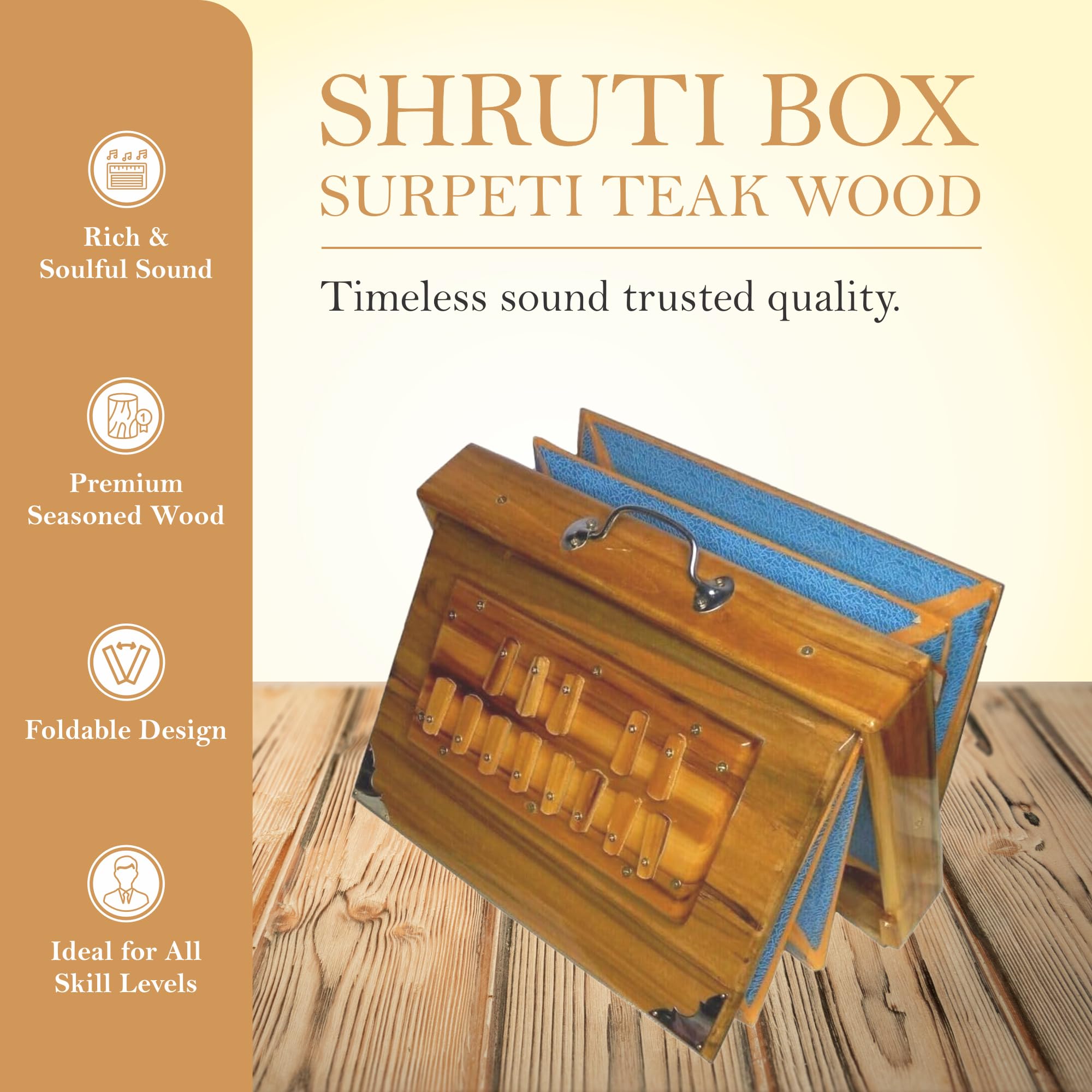 SHRUTI SCATOLA SURPETI LEGNO TEAK 432Hz 13 NOTE DIMENSIONI 38,1 x 25,4 x 7,6 cm BHAJAN KIRTAN