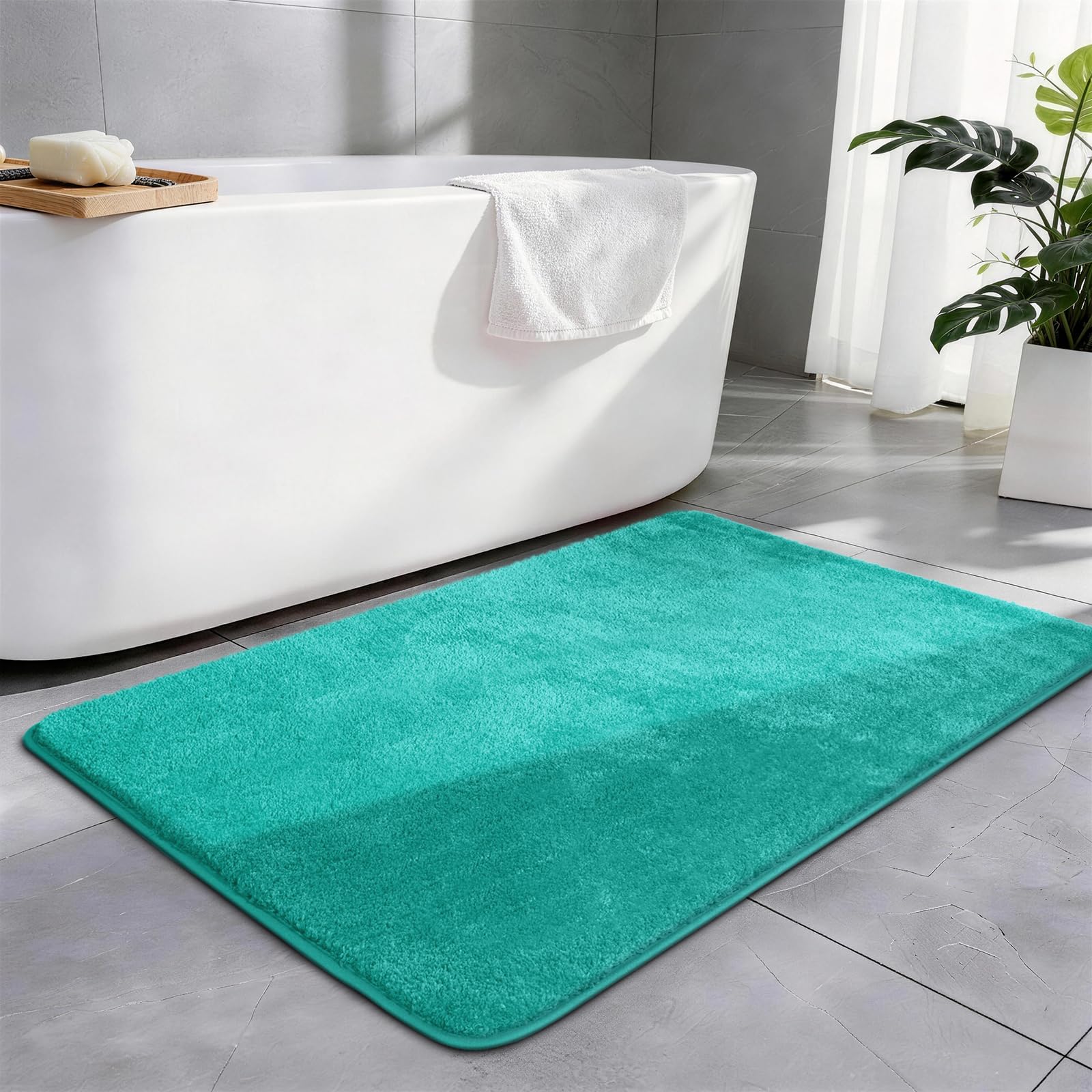 SOANNY Single Bath Mat 60 x 90 cm, Non-Slip, Absorbent, Machine Washable, Soft Shaggy Bathroom Rug, Carpet for Sink Area, Hallway, Kitchen, Entryway, Laundry, Bedside or Patio Door, Turquoise
