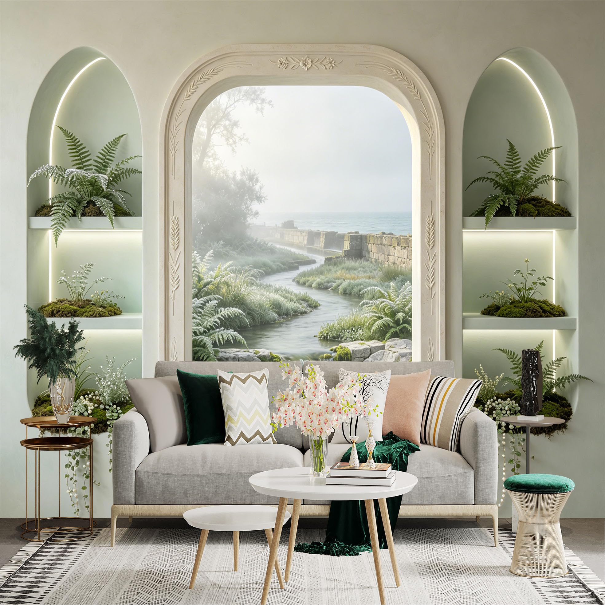 Custom Size Wall Sticker Mural， Misty River with Stone Bridge and Lush Green Ferns， for wall Decoration， peelandstick wall Decals.