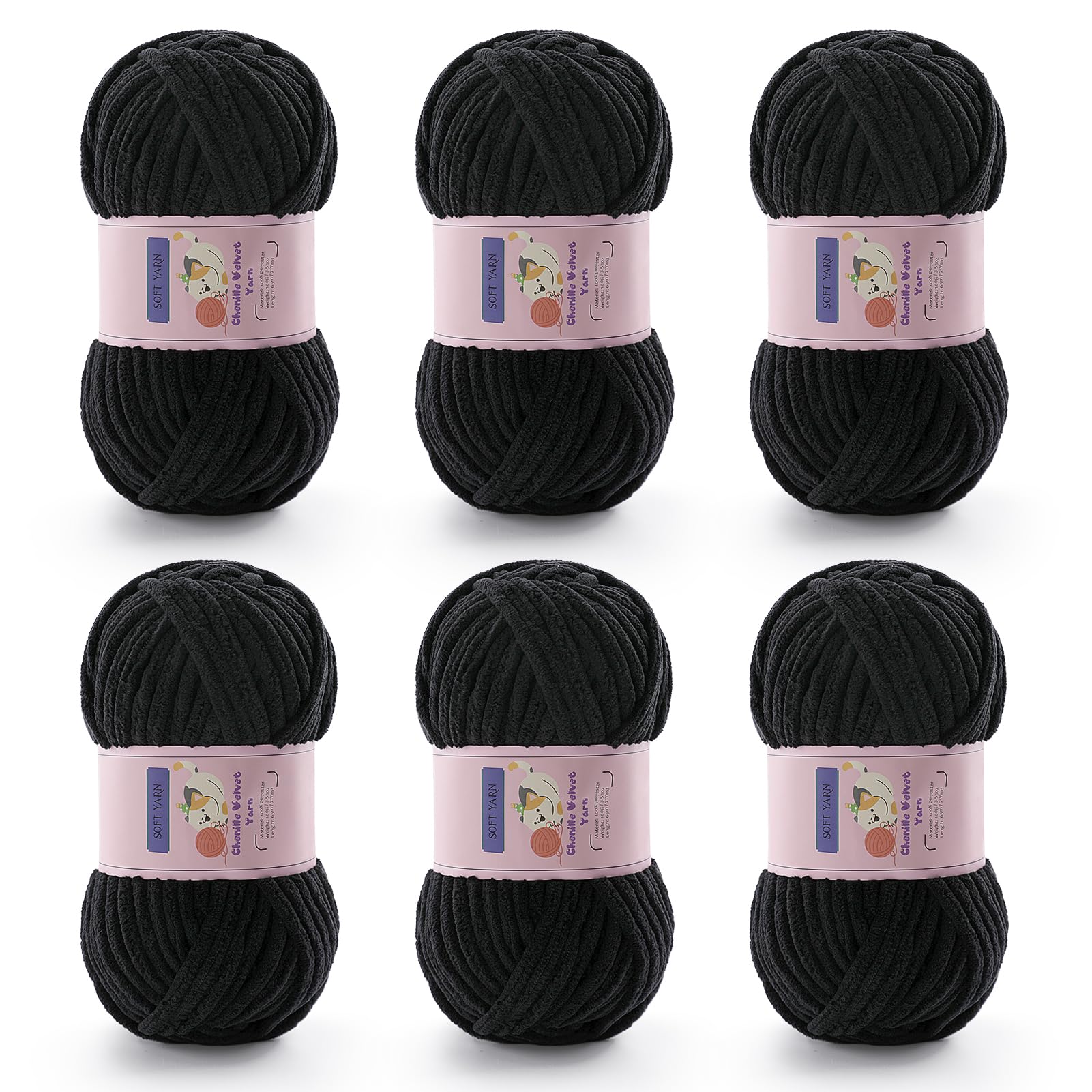 Chunky Chenille Yarn for Crocheting, #6 Black Baby Blanket Yarn for Crochet