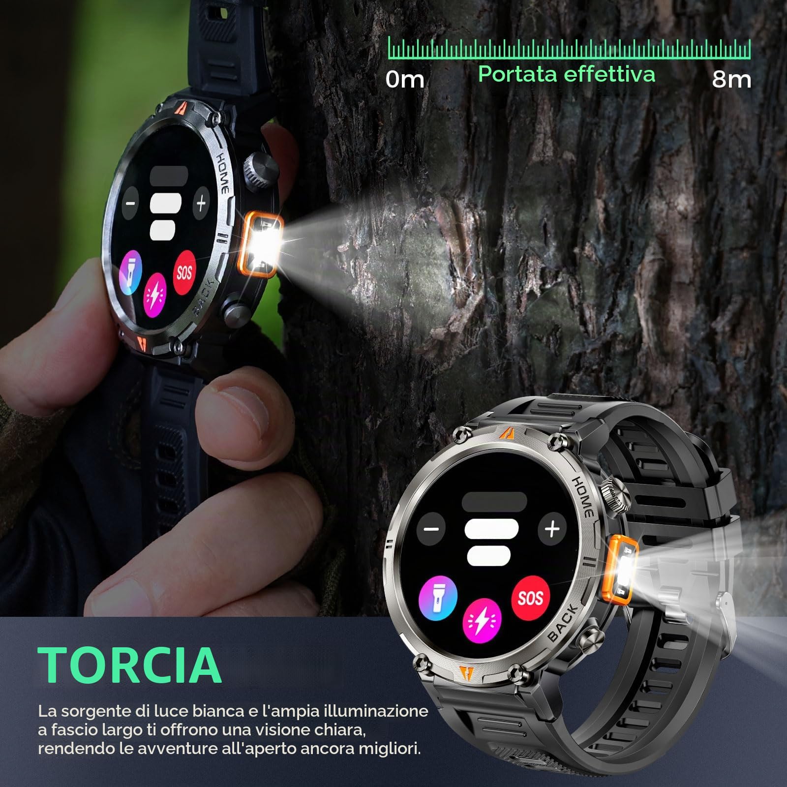 GPS Smartwatch Militare Uomo Impermeabile 3ATM con Torcia LED Bussola, 1,45" HD Rugged Smartwatch Orologio con Chiamate Bluetooth, Fitness Watch con Cardiaca SpO2 Notifiche WhatsApp per Android iOS