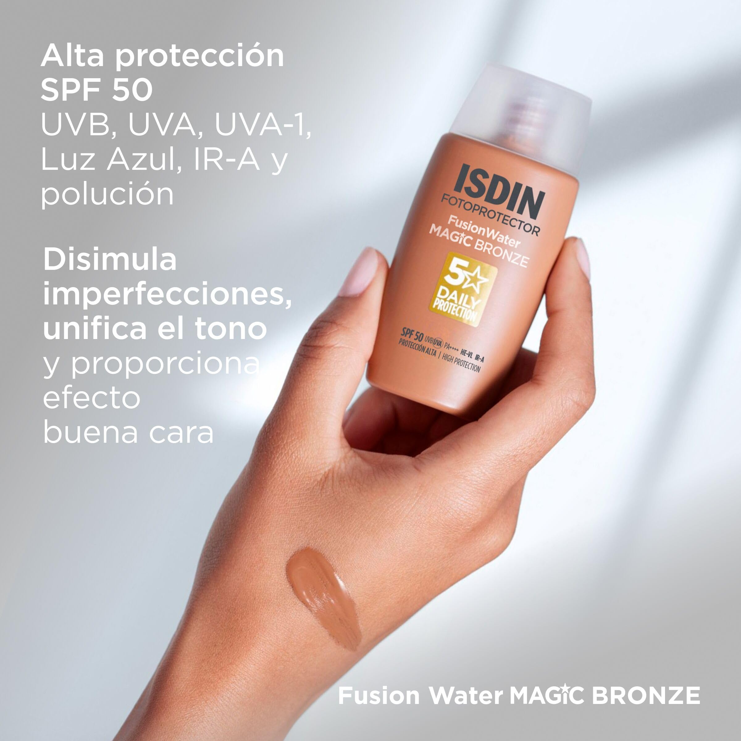 ISDIN Fotoprotector Fusion Water MAGIC Bronze SPF 50, Protector Solar Facial Ultraligero Con Color, Crema Solar Que Unifica El Tono Y Protege Con Tecnología Full Spectrum, En 3 Tonos -50 ml