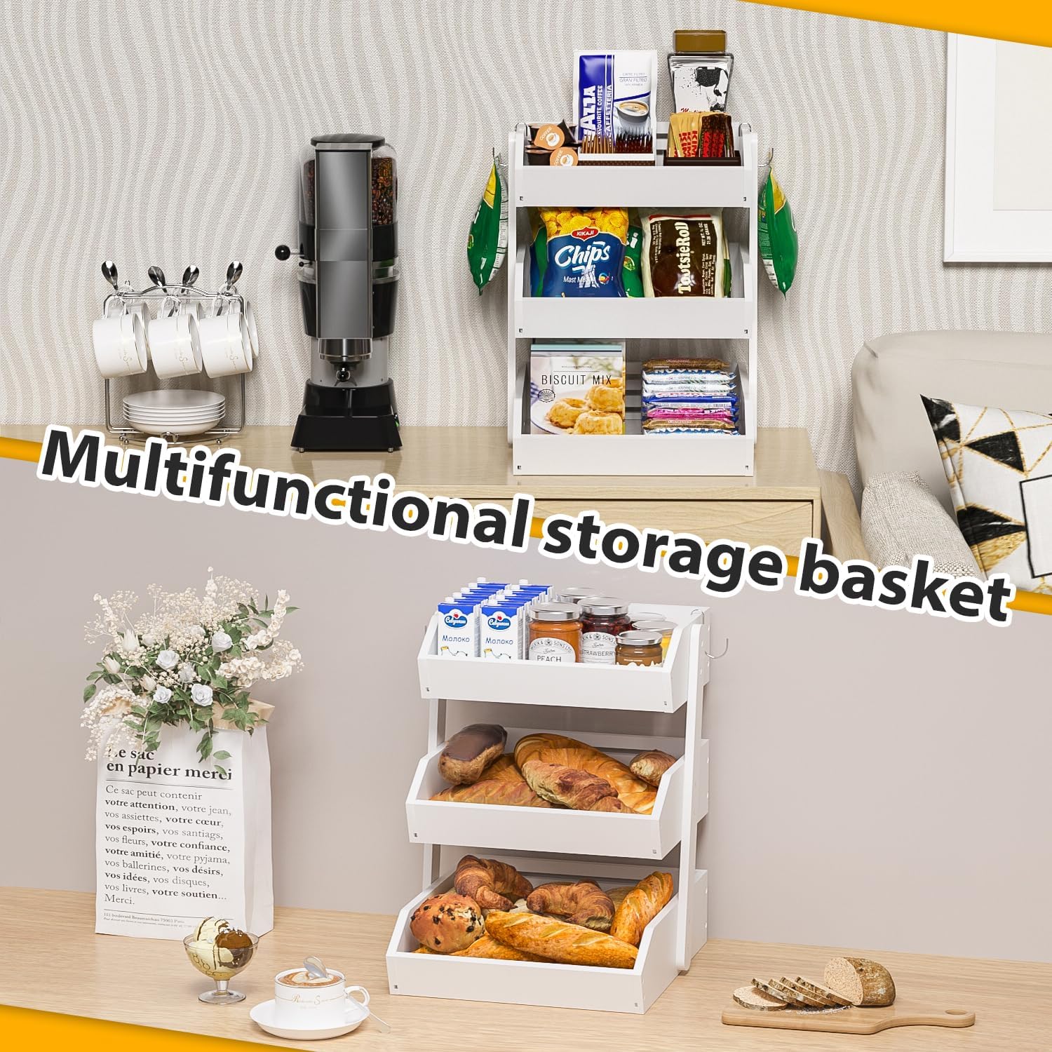 Bamboo Fruit Basket for Kitchen– 3 Tier Fruit Bowl For Kitchen Counter, Large Fruit Holder With Banana Hangers, Idea For Vegetable Storage, Bread Display, Snack Organizer(White) - Image 6