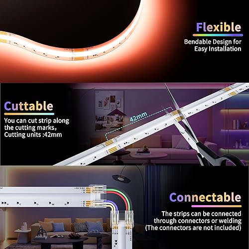 Miniatura 4 de PAUTIX COB Tira de luces LED, 20 pies RGB+CCT 2700K-6500K luces LED blancas, tira de luz LED RGB regulable que cambia de color, con control