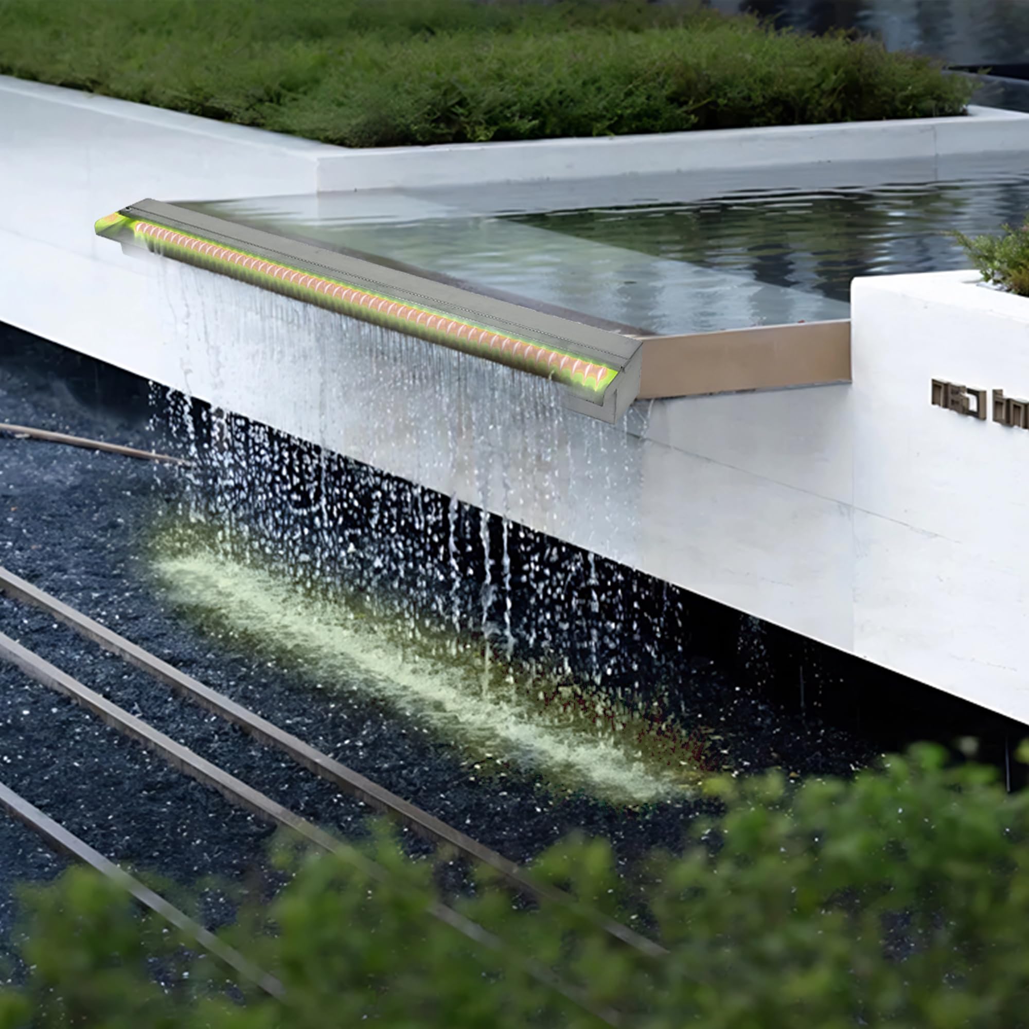 Garvee Cascada de Agua de Acero Inoxidable 304 para Piscina y Jardín Fuente Rectangular Decorativa con Luces LED RGB y Mando a Distancia para Estanque Exterior y Paisajismo Patio 90 cm Plata