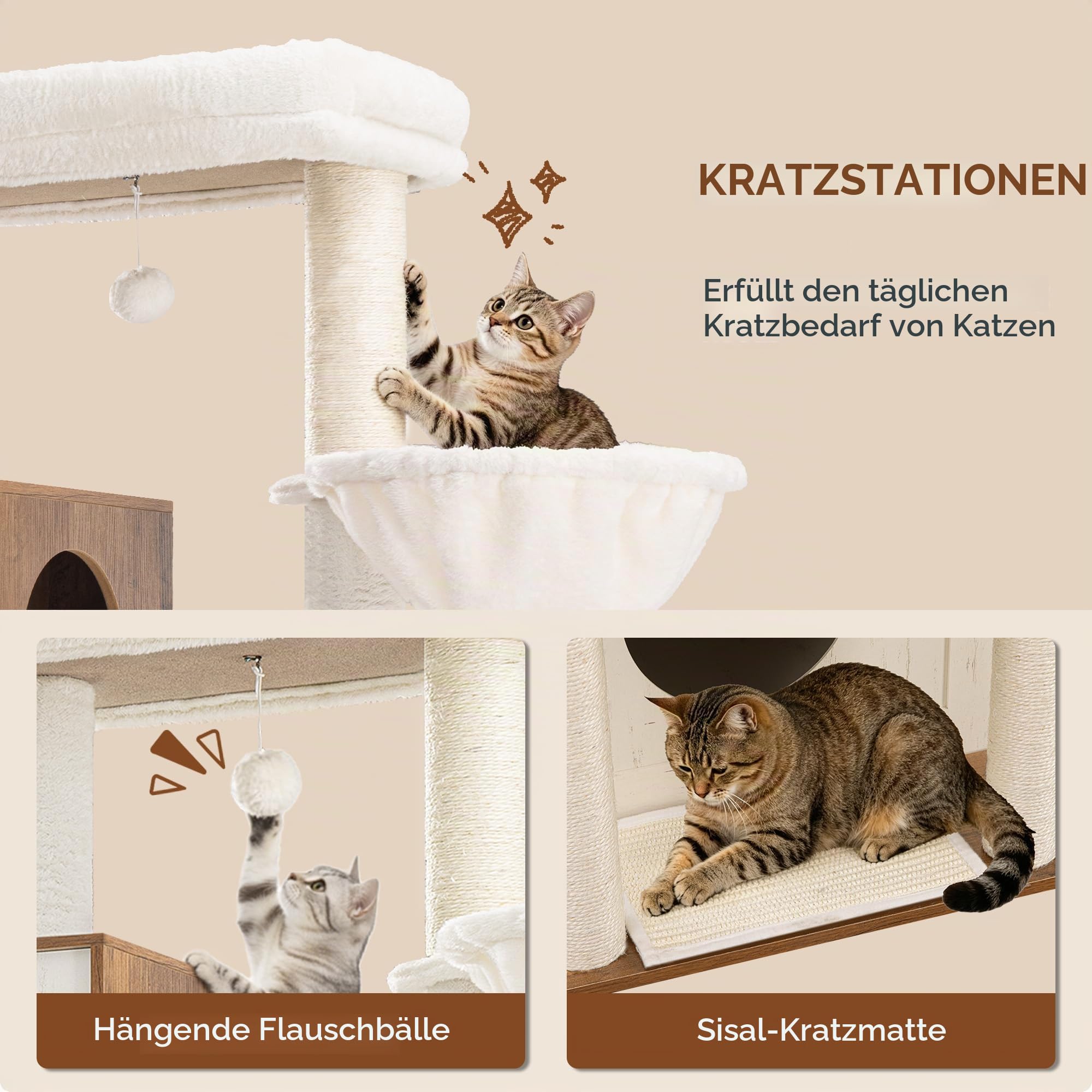 Kratzbaum mit Katzenklo Schrank, 190 cm Katzenbaum Weiß und Braun | Sisalstämmen, Sprungplattform, 2 Höhlen, Körbe, Ruheplattform, Waschbares Kissen, 2-in-1 Katzenkratzbaum XXL FPMS013PWR1
