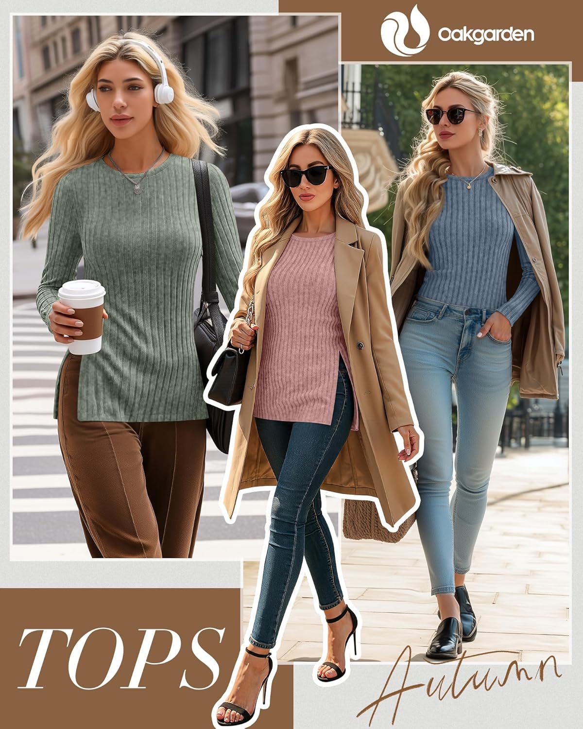 3 Pack Women's Long Sleeve Shirts with Side Split Crew Neck Lightweight Tunic Sweaters Ribbed Casual Fall Tops - Image 3