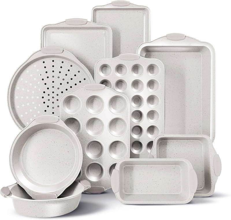 Country Kitchen Juego de utensilios para hornear apilables, antiadherentes, resistentes, duraderos y de fácil liberación, crema, 10 piezas
