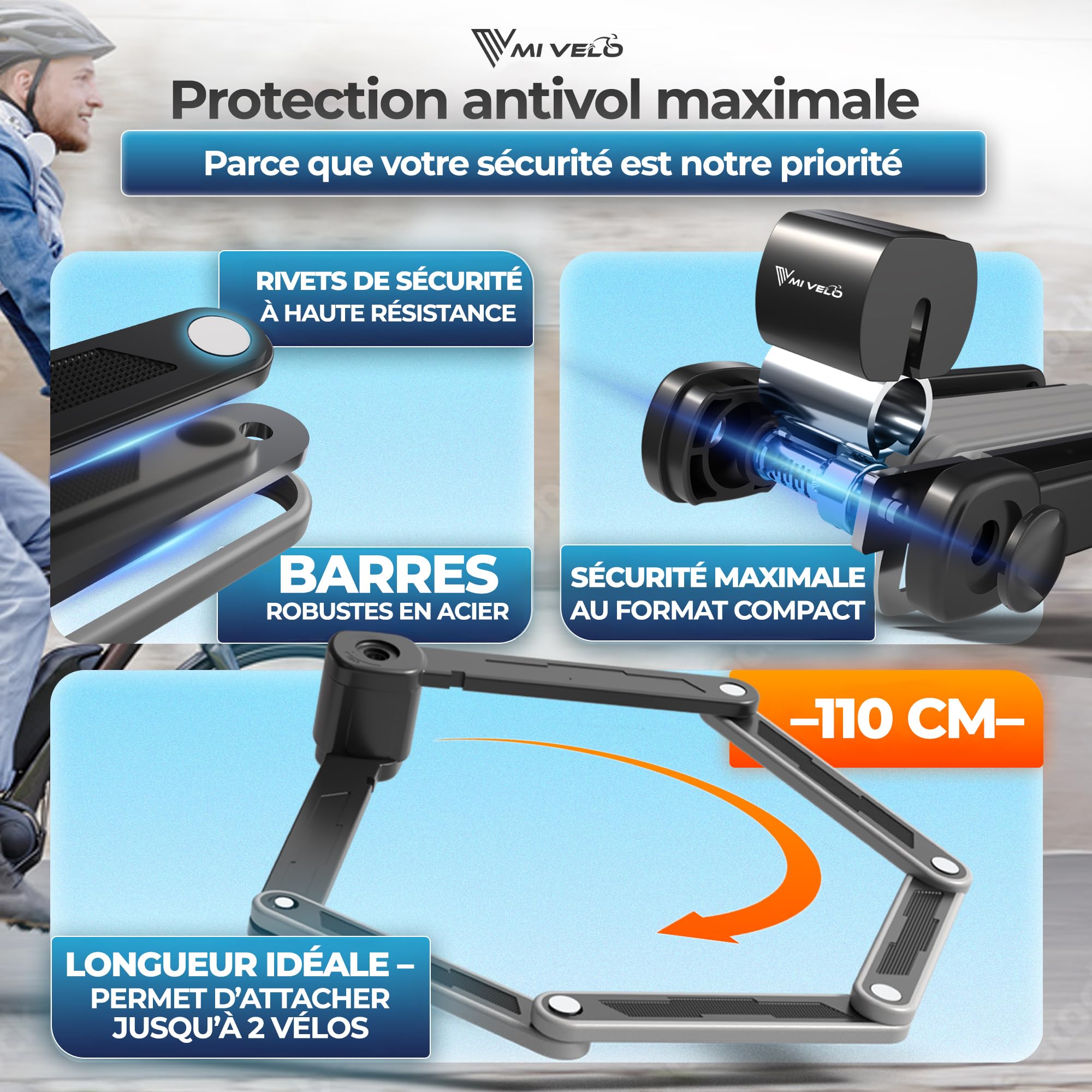 MIVELO Antivol pliable pour vélo - Haute sécurité - 85 cm de long - Antivol de vélo avec clé et support - Idéal pour vélo électrique, VTT et vélo de route - Verrouillage vélo