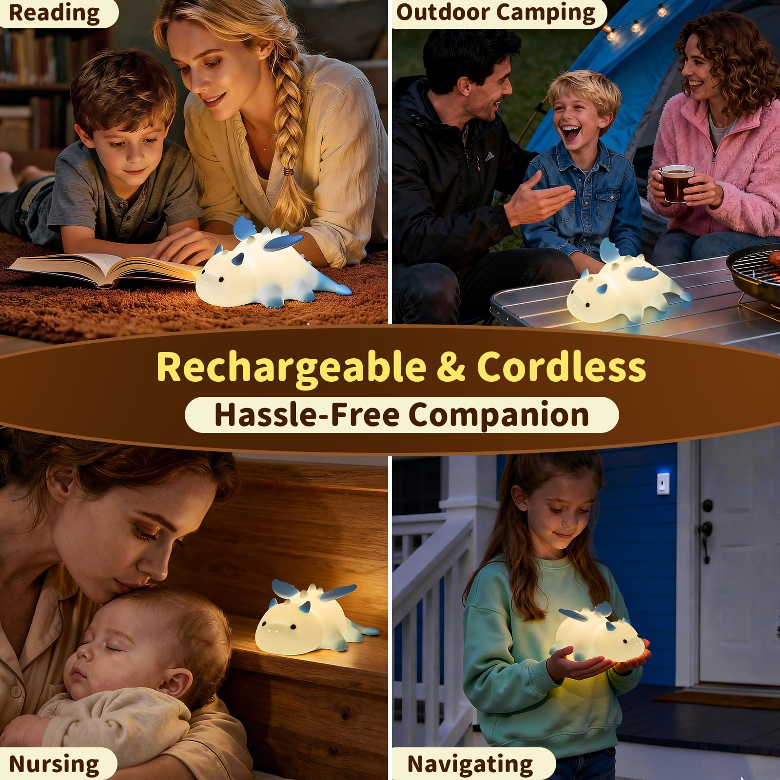 Dinosaurier-Lampe blau für Kinderzimmer, Pat Control Dragon Light zum Stillen, Silikon-Nachtlicht für Kinderzimmer, Nachttischlampe, wiederaufladbares Pat-Licht mit RGB-Modus für Schlafzimmer