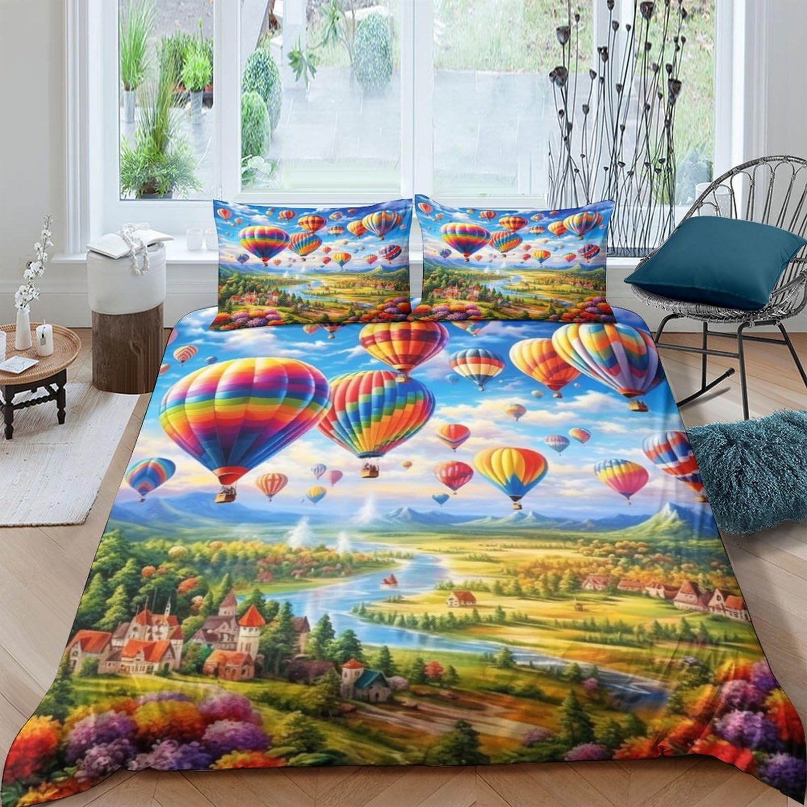 Housse de couette montgolfière anti-glissement avec zip pour lit double adulte